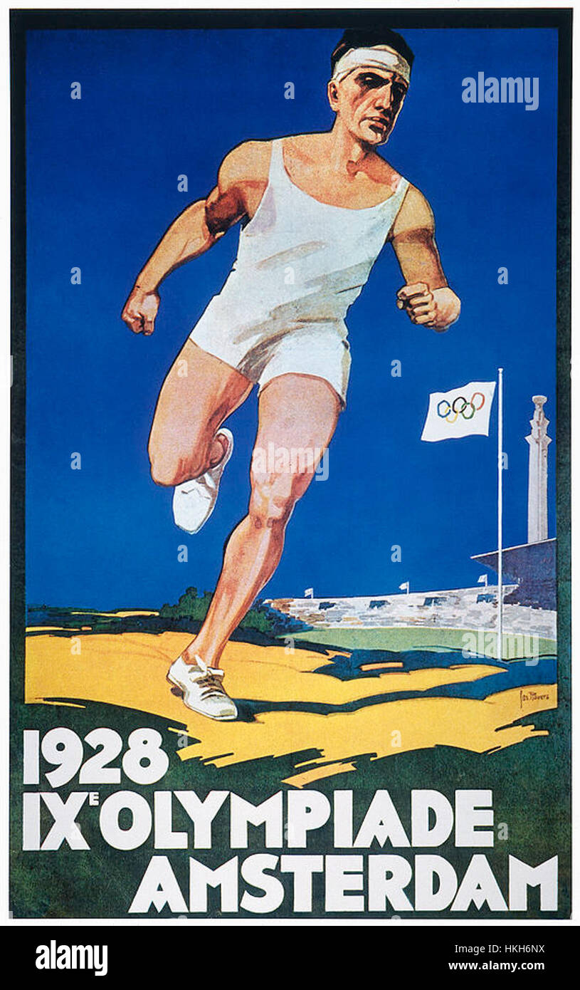 Questo dipinto del 1928 commemora i Giochi Olimpici di Amsterdam, catturando lo storico evento sportivo. Le Olimpiadi di Amsterdam hanno segnato un momento significativo nella storia degli sport moderni. Foto Stock