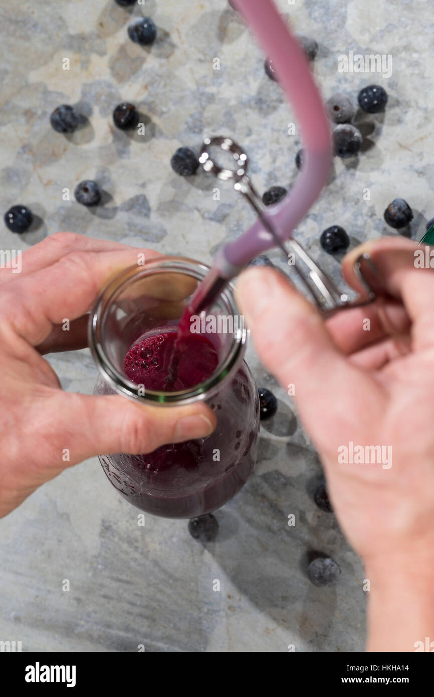 Schlehensaft wird Mit einem Entsafter hergestellt, Dampfentsafter, Fruchtsaft, entsaften, Saft Schlehen aus. succo di frutta, succo di frutta, spremiagrumi, succo estratto Foto Stock