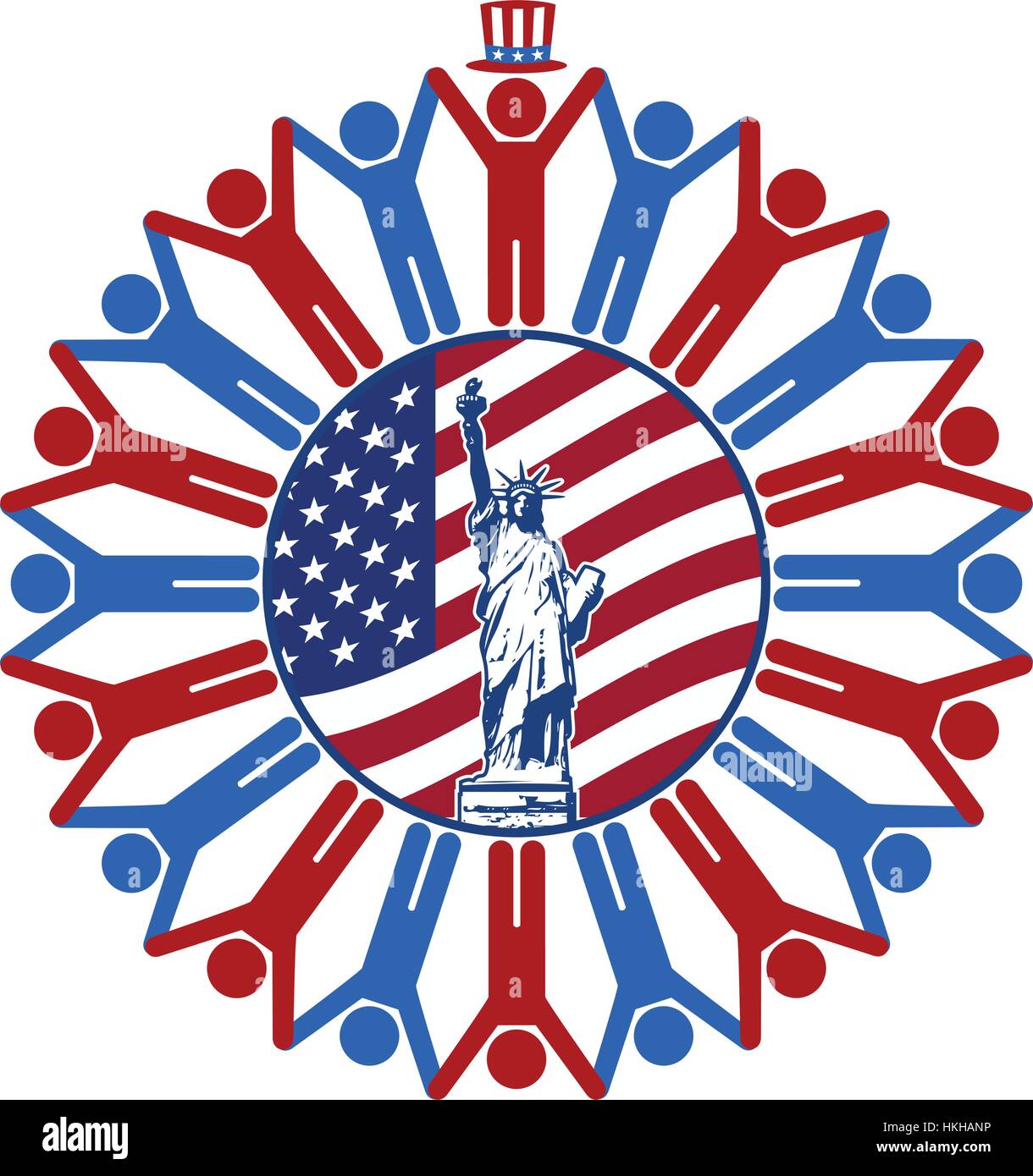 Icona del vettore con la bandiera di Stati Uniti d'America, la statua della libertà, presidente, repubblicani e democratici simboli di persone Illustrazione Vettoriale