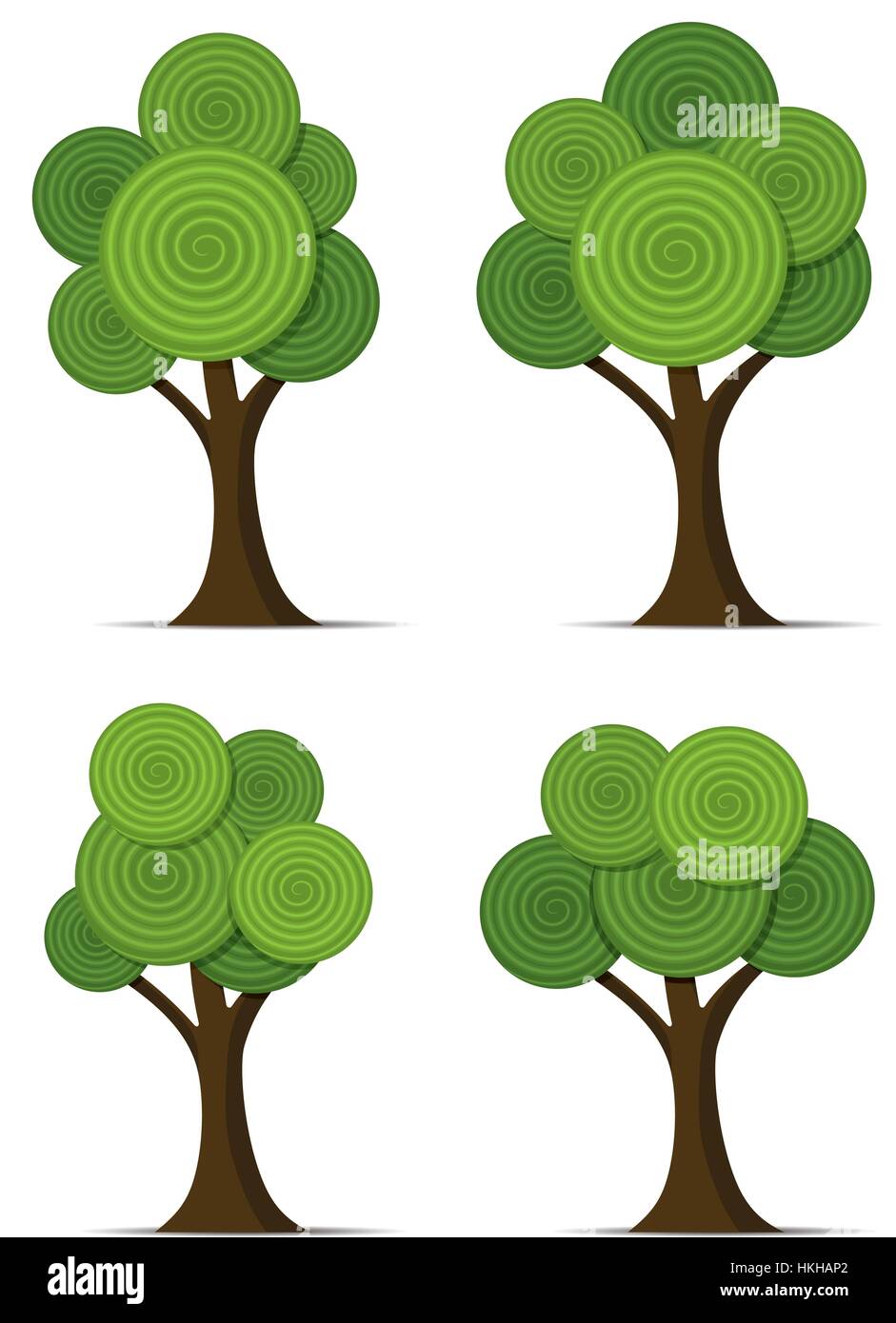 Set di vettore di stilizzati alberi astratti rotonde con forme a spirale Illustrazione Vettoriale