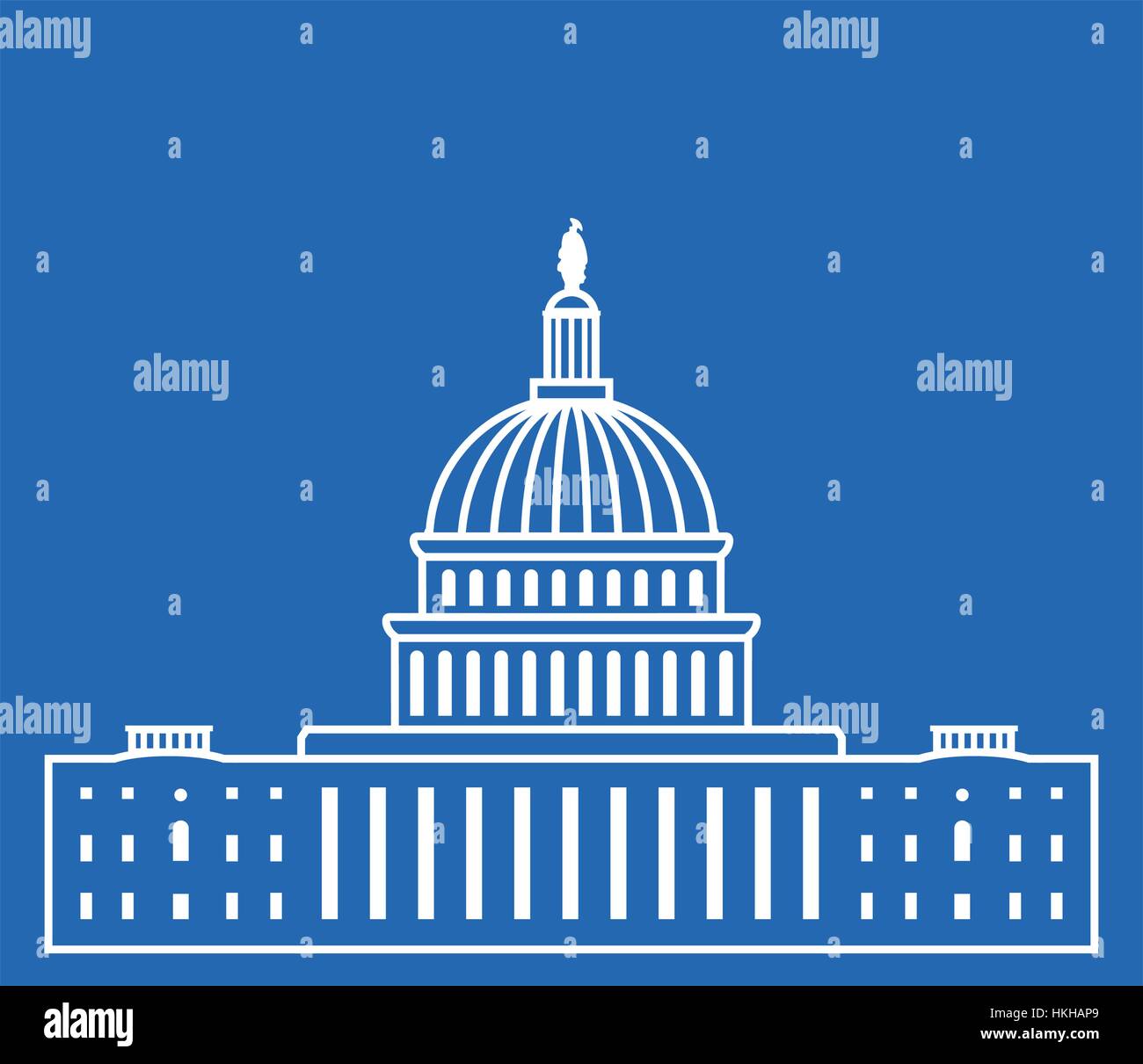 Icona del vettore di United States Capitol Hill building a Washington DC, il Congresso americano, simbolo bianco design su sfondo blu Illustrazione Vettoriale