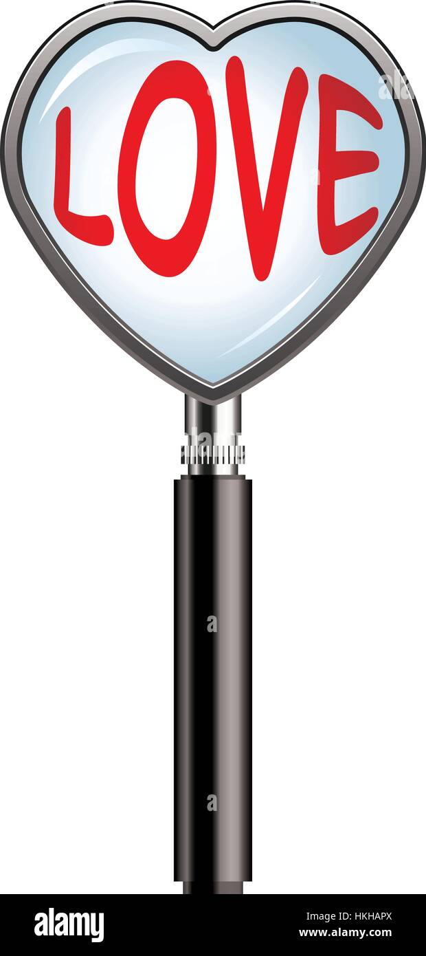 Valentino di vettore illustrazione del cuore a forma di lente di ingrandimento sopra la parola amore, eps10 Illustrazione Vettoriale