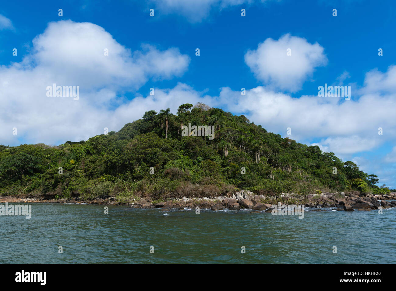 Costa rocciosa con vegetazione tropicale, Ilha do Mel, Paraná, Brasile, Sud America Foto Stock