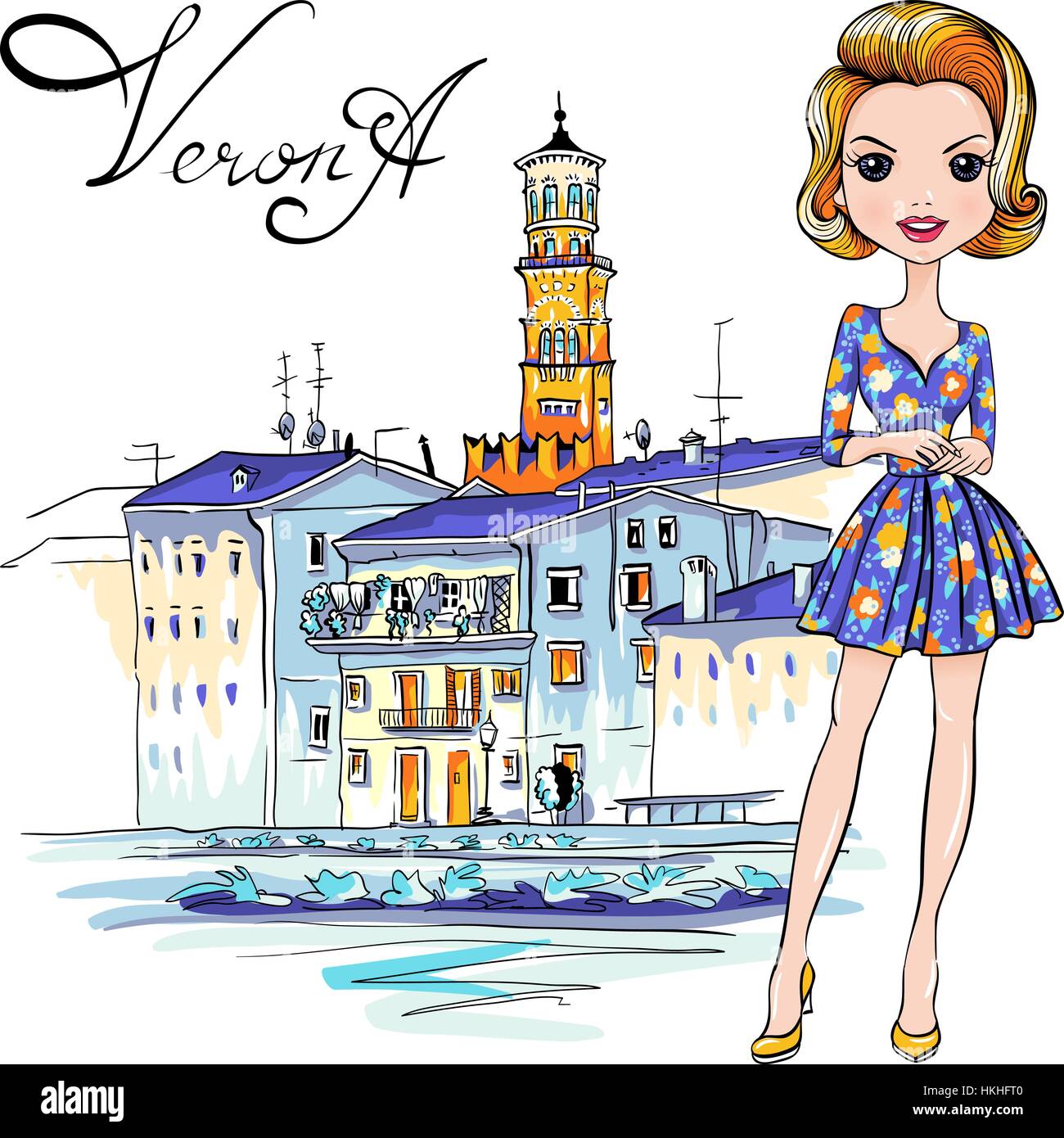 Carino moda ragazza in Verona, Italia Illustrazione Vettoriale