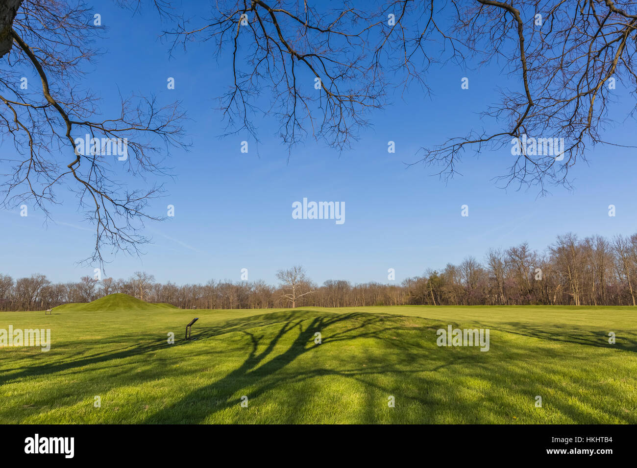 Ombre di albero che attraversa il paesaggio del Tumulo città di gruppo, dove una civiltà di inizio gli indiani americani hanno prosperato circa duemila anni fa, ora preserv Foto Stock