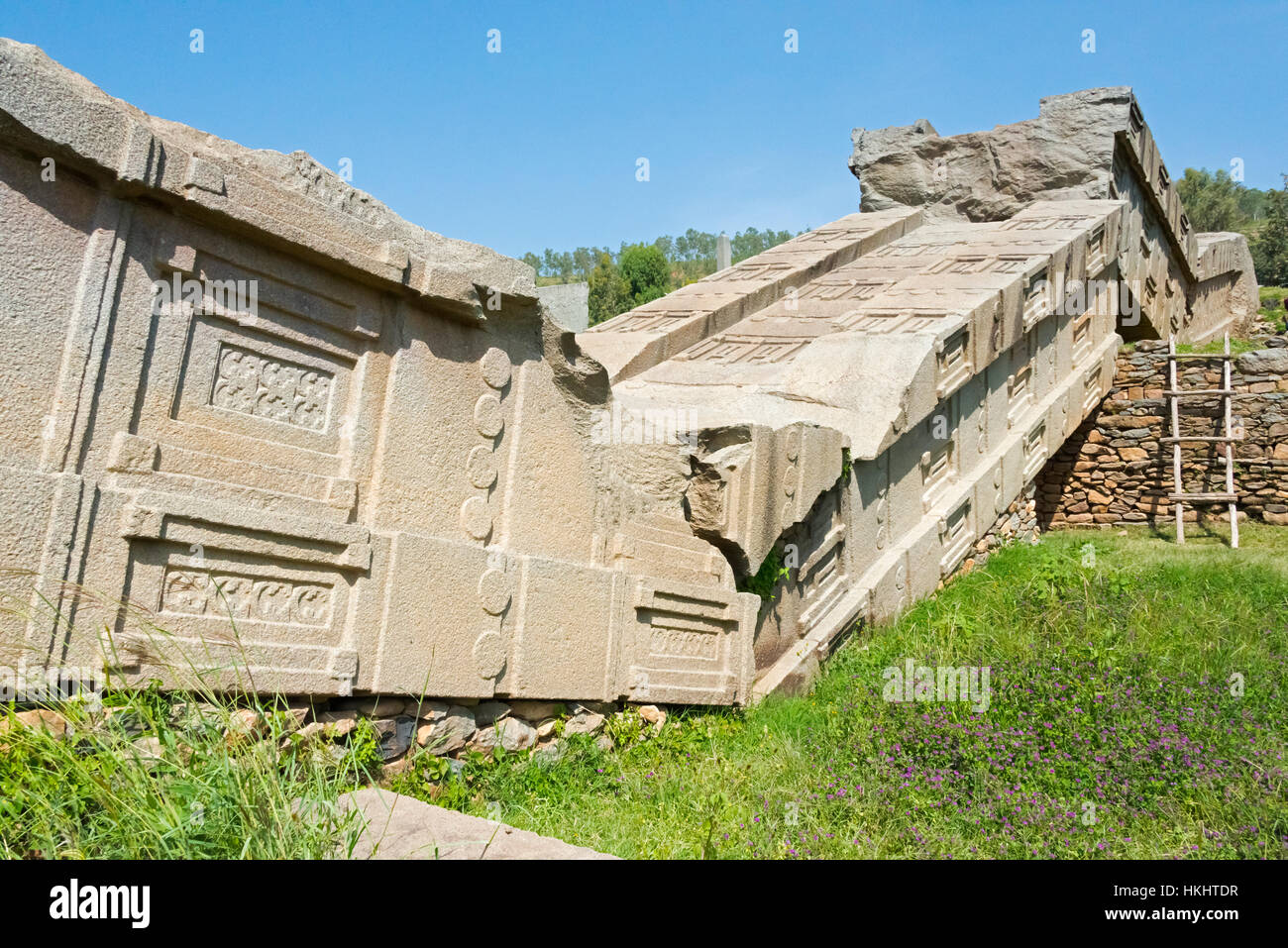 Il più grande stele Aksumite, rotte dove è caduto, le rovine della città di Aksum, sito Patrimonio Mondiale dell'UNESCO, Etiopia Foto Stock