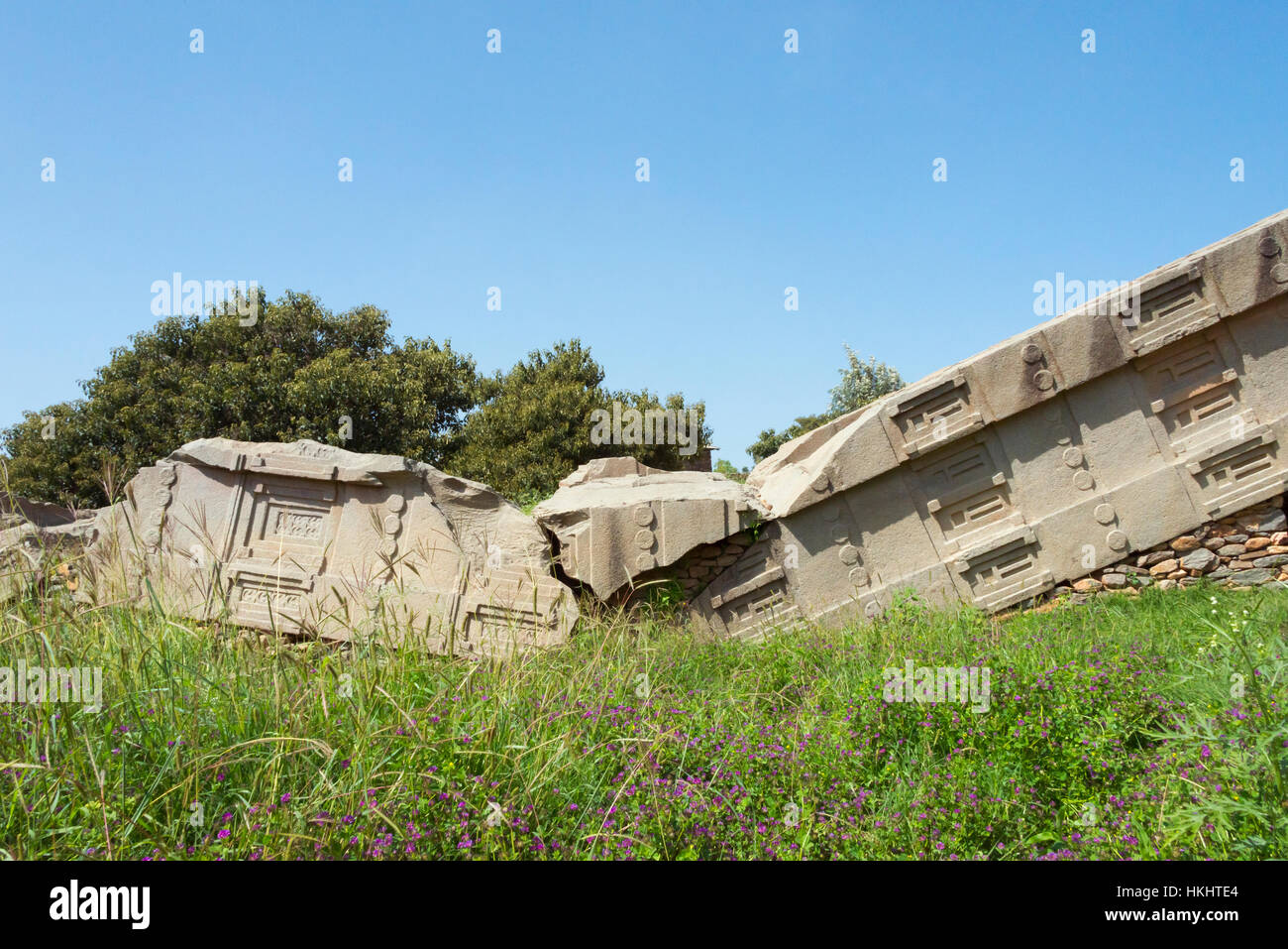 Il più grande stele Aksumite, rotte dove è caduto, le rovine della città di Aksum, sito Patrimonio Mondiale dell'UNESCO, Etiopia Foto Stock