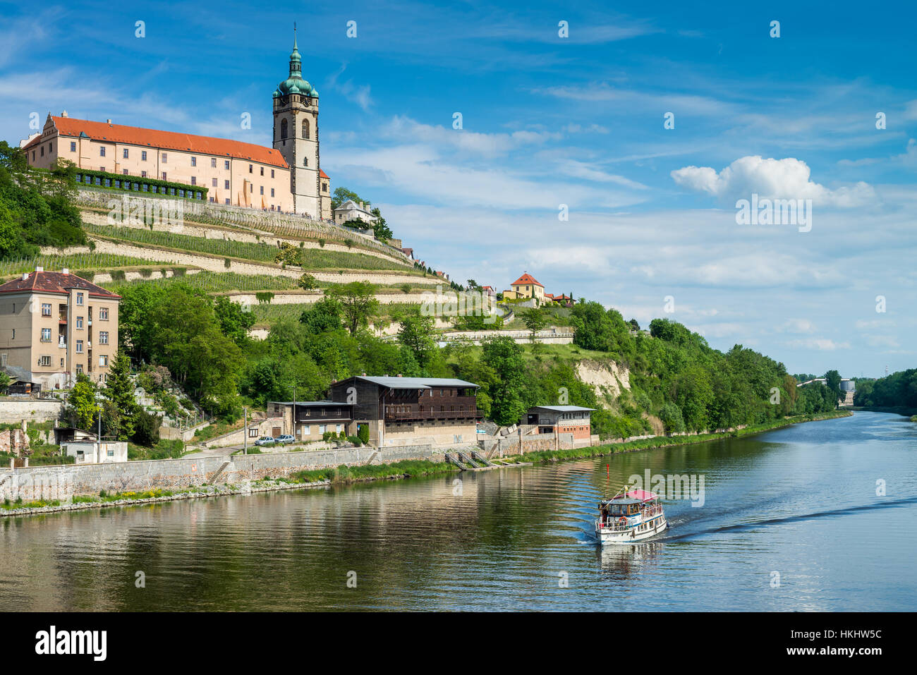 Castello Mělník oltre il fiume Elba, Melnik, Repubblica Ceca, Central Bohemia Repubblica Ceca, Europa Foto Stock