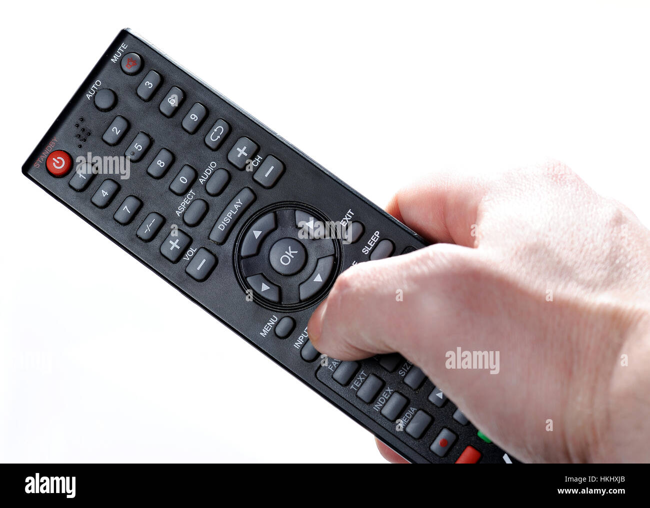 Moderna tv telecomando in mano isolati su sfondo bianco Foto Stock