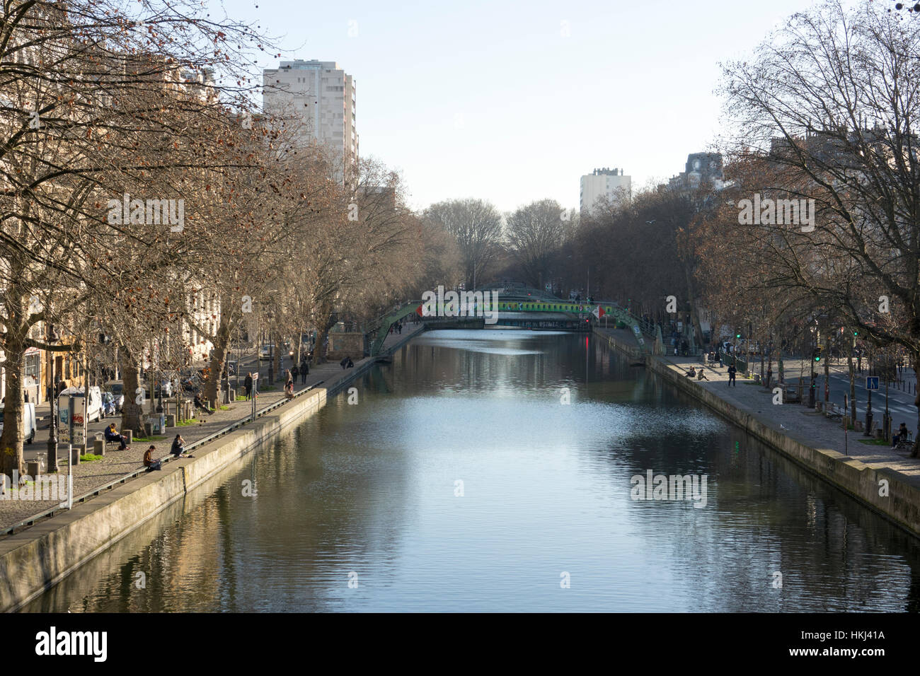 Canal St Martin in inverno, Parigi, Francia Foto Stock