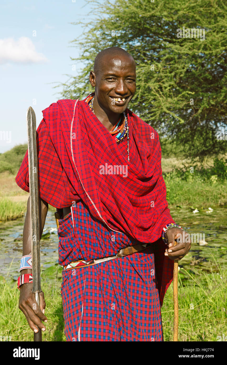 Maasai maschio nel tradizionale abbigliamento Shuka con lancia, Tsavo West National Park, Taita-Taveta County, Kenya Foto Stock