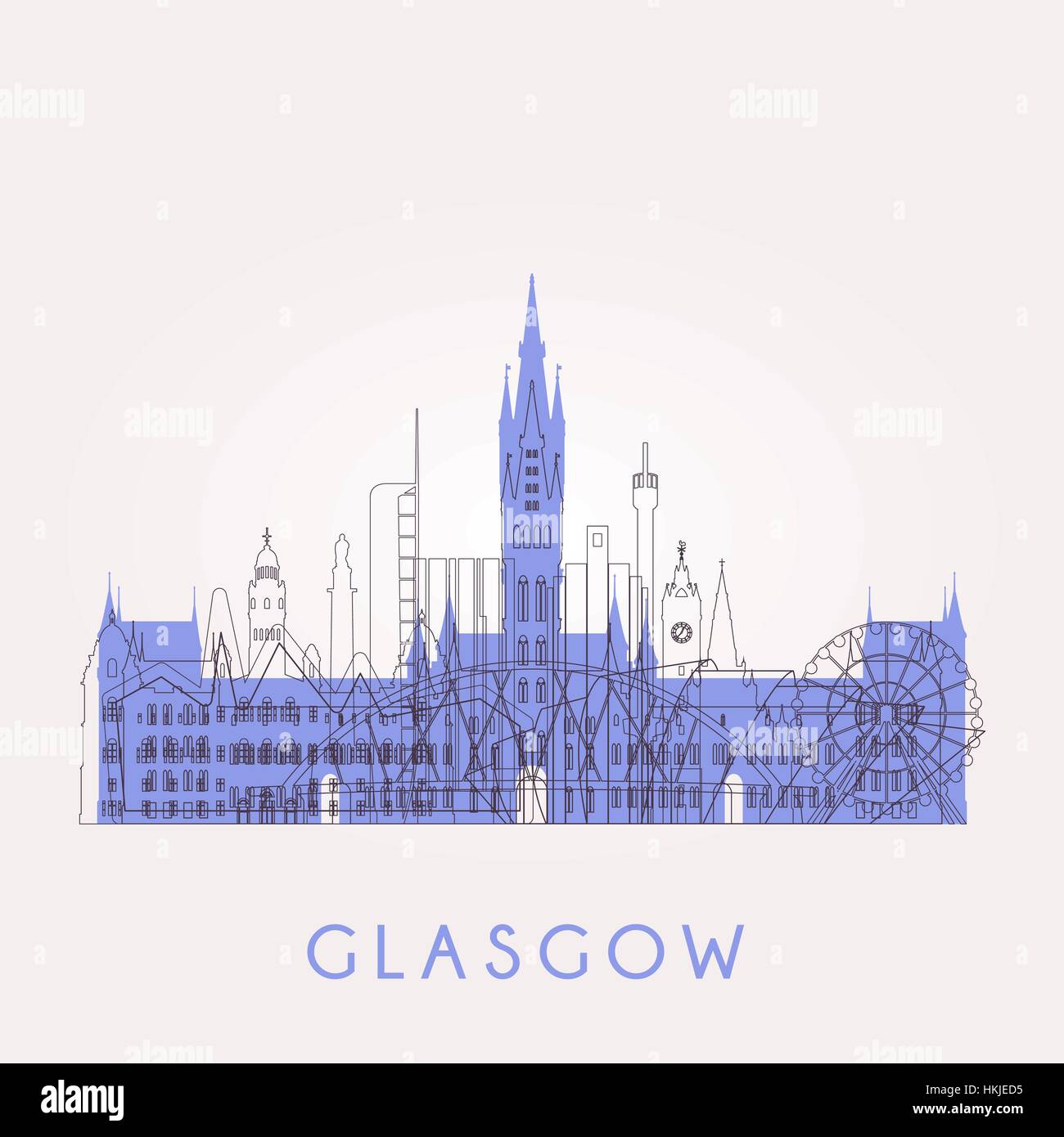 Profilo dello skyline di Glasgow con punti di riferimento. Illustrazione Vettoriale. Viaggi di affari e turismo concetto con edifici storici. Immagine per presentazione, bann Illustrazione Vettoriale