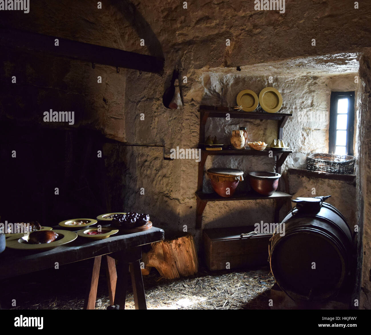 Cucina medievale in Castello museo Rushen sull' Isola di Man Foto Stock