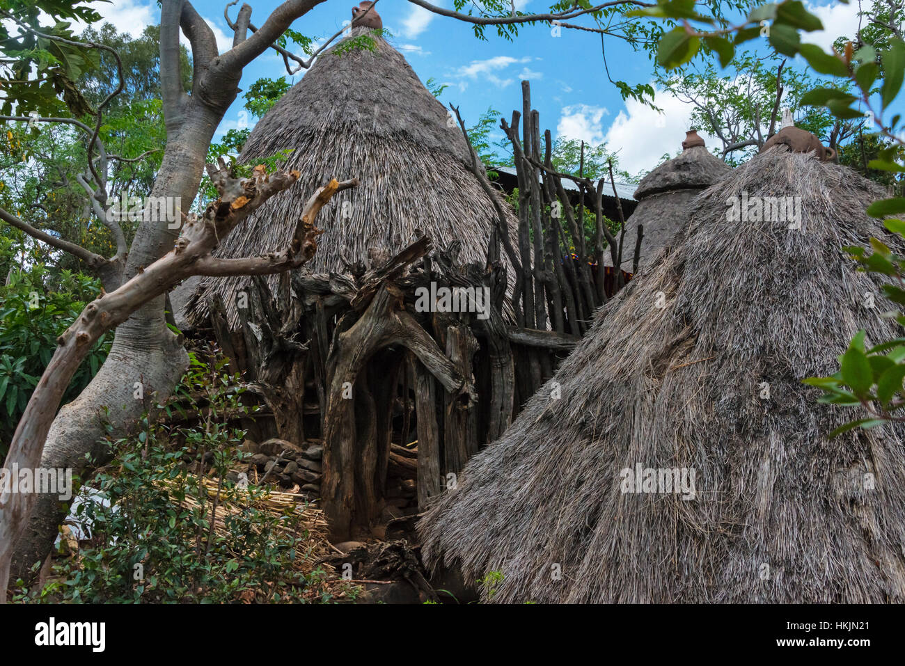 Konso paesaggio culturale (patrimonio mondiale dell'UNESCO), case di villaggio con tetto di paglia, Etiopia Foto Stock