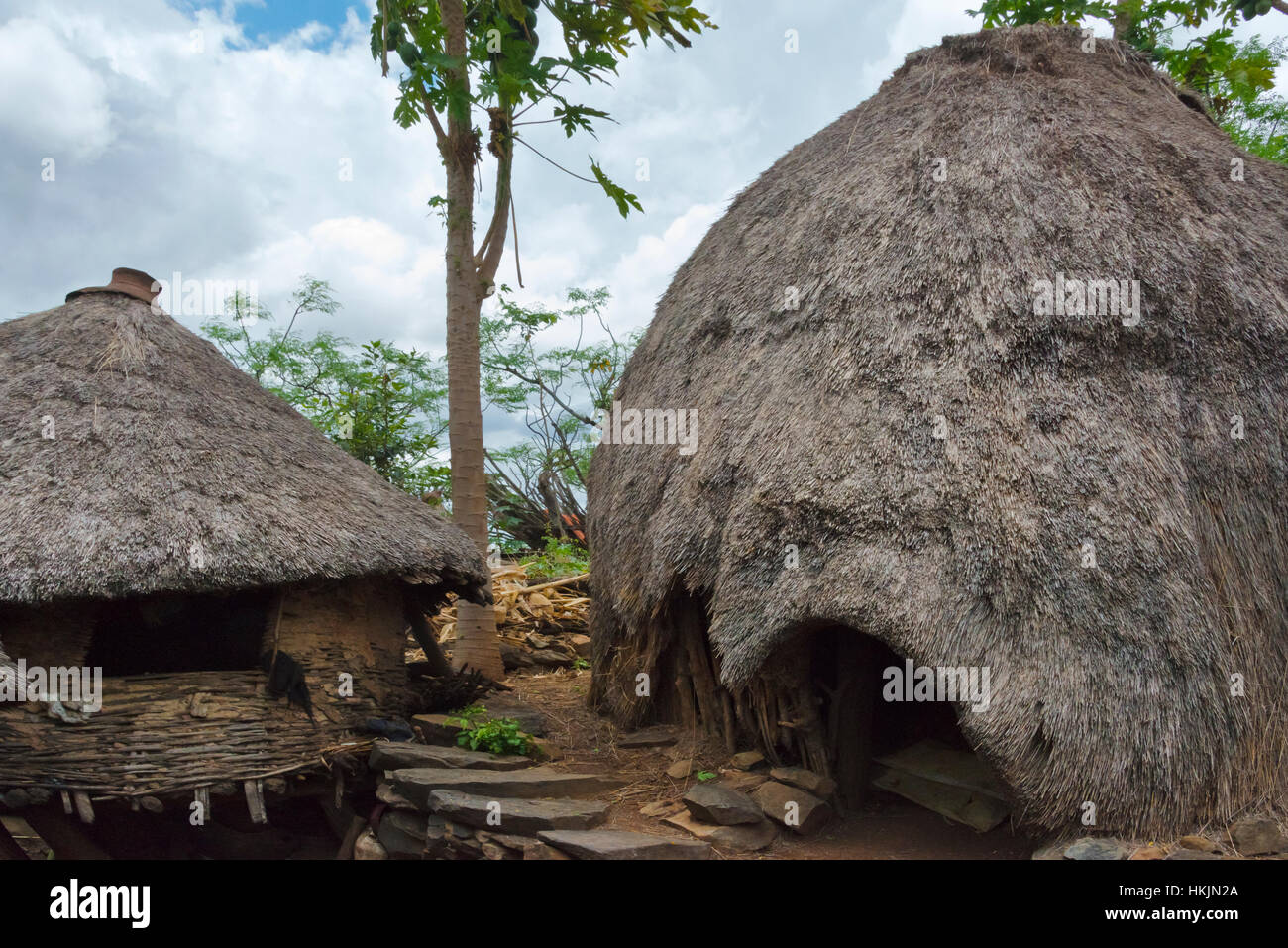 Konso paesaggio culturale (patrimonio mondiale dell'UNESCO), case di villaggio con tetto di paglia, Etiopia Foto Stock