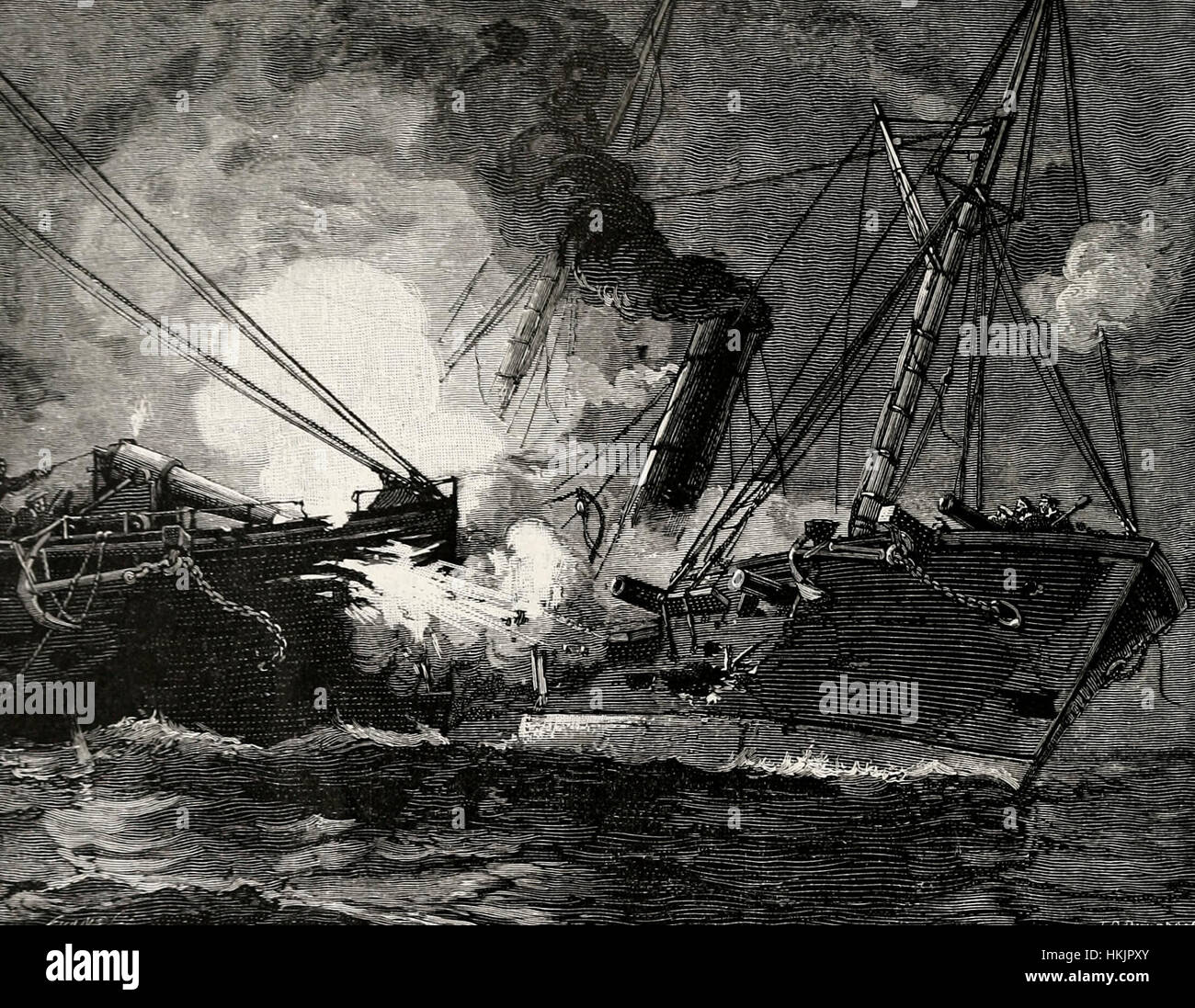 Sparando al Varuna attraverso la prua del governatore Moore durante la battaglia di New Orleans negli Stati Uniti dalla guerra civile Foto Stock