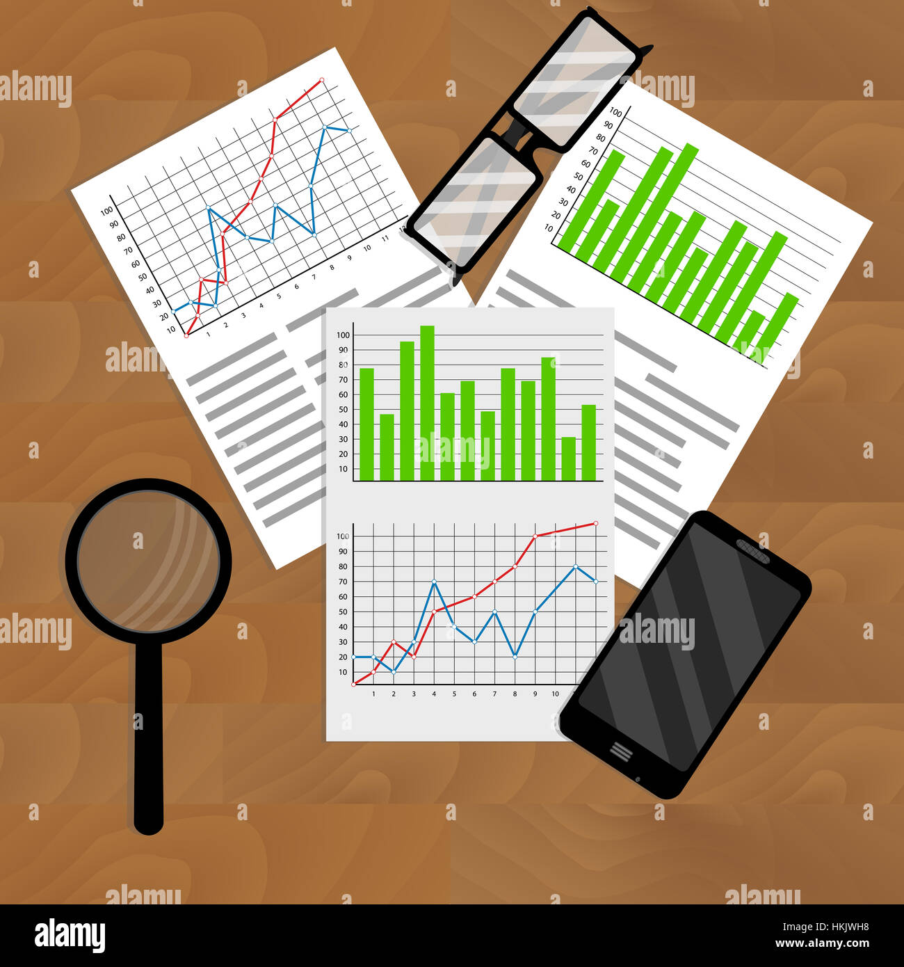 Business Analyst report annuale. Relazione di Marketing e area di lavoro con il grafico e la tabella di analisi, illustrazione vettoriale Foto Stock