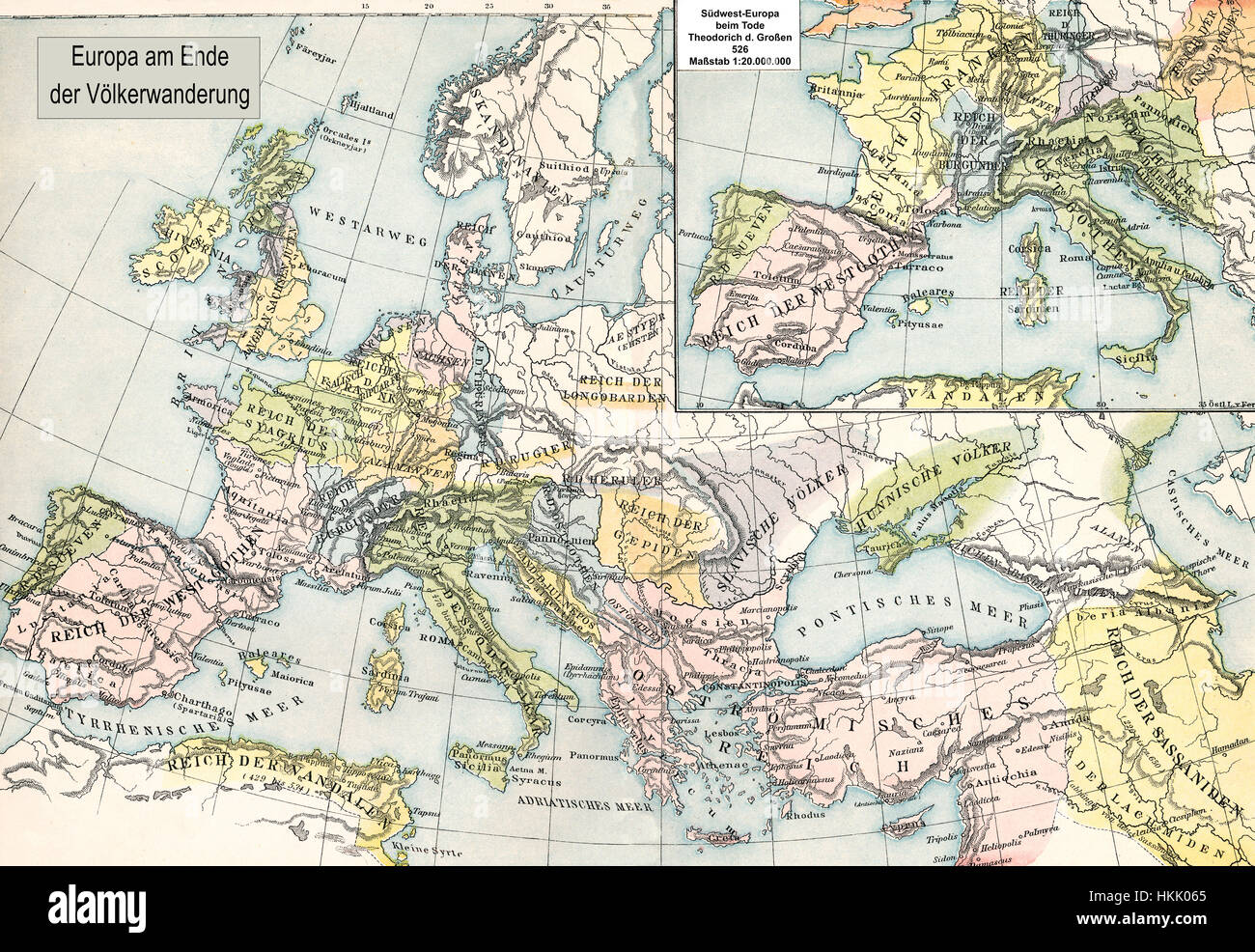 Mappa storica della fine del periodo di migrazione in Europa Foto Stock