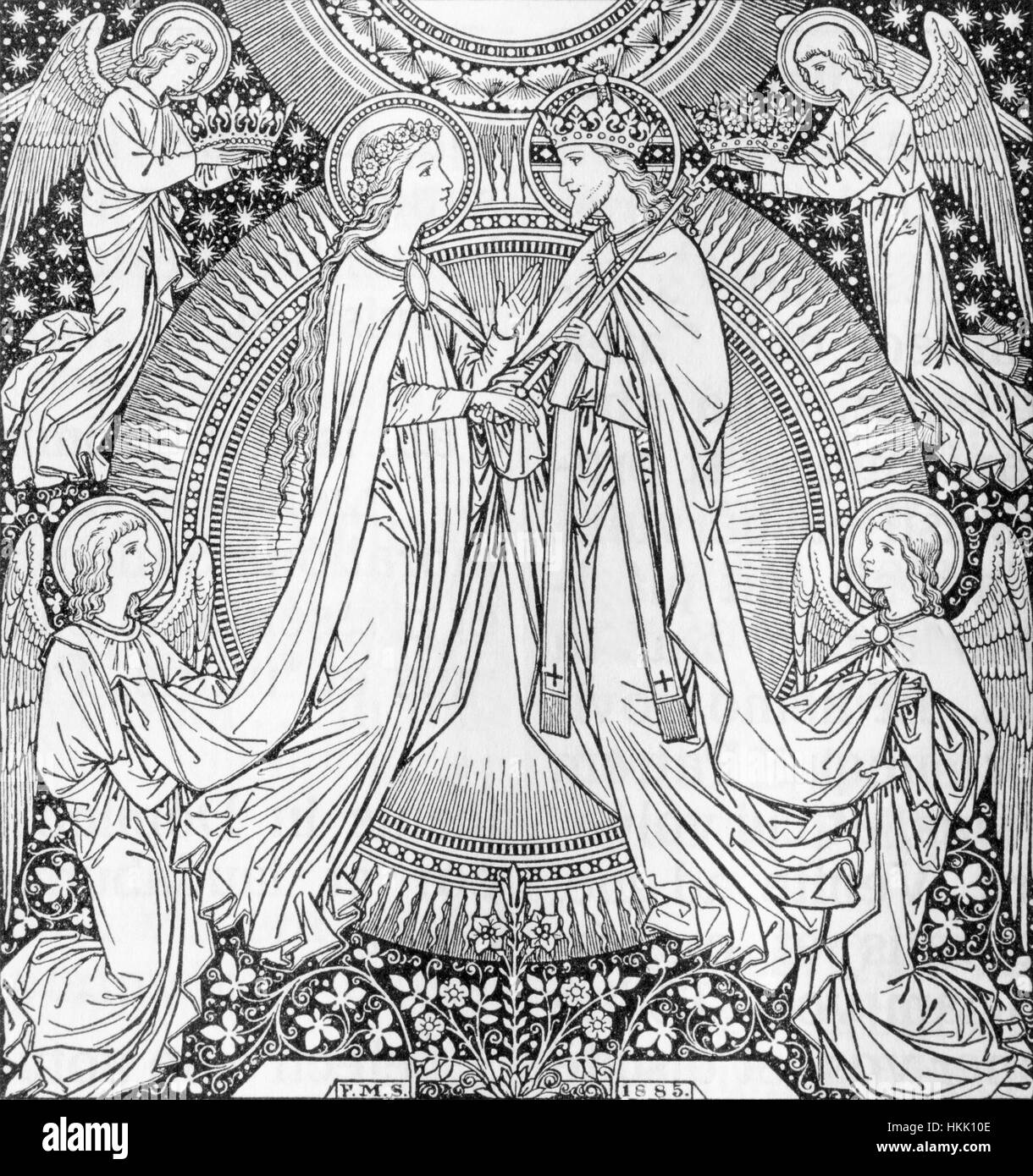 BRATISLAVA, SLOVACCHIA, novembre - 21, 2016: la litografia dell Incoronazione della Vergine Maria Di artista sconosciuto con la sigla F.M.S (1885) e stampati b Foto Stock