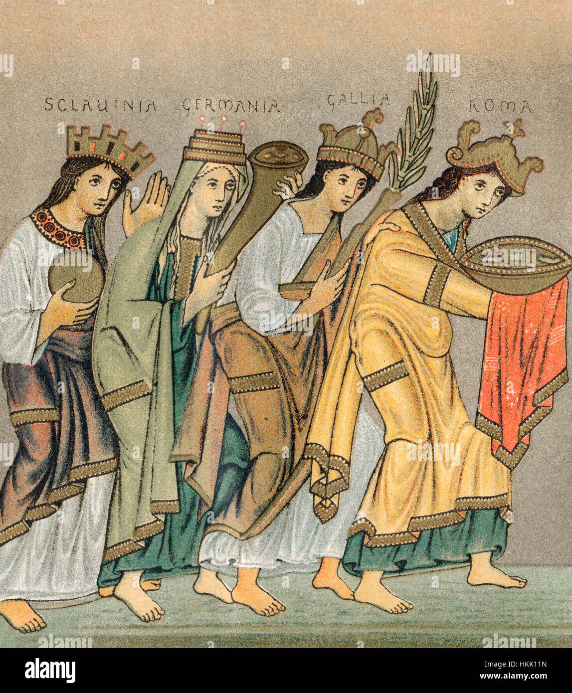 Femmina personificazioni di Sclavinia, Germania, Gallia e Roma portando doni per otto III., i vangeli di Ottone III, un fine decimo o inizio del XI secolo i Foto Stock