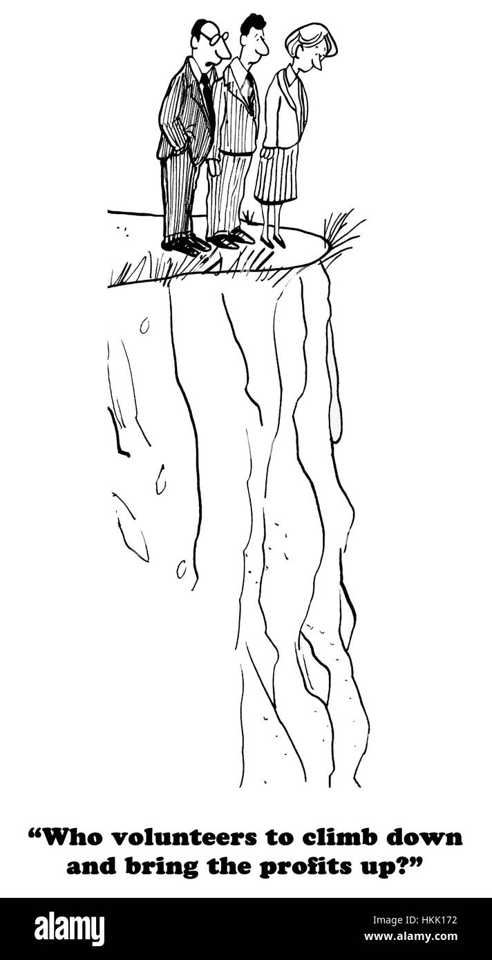 Business cartoon circa gli imprenditori su una scogliera che guarda caduti i profitti. Foto Stock