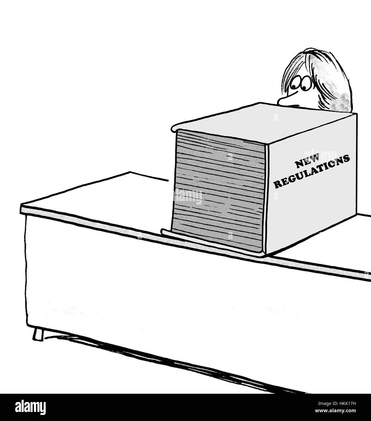 Affari, governo o illustrazione medica di una donna intimiditi dal grande spessore libro di nuovi regolamenti. Foto Stock