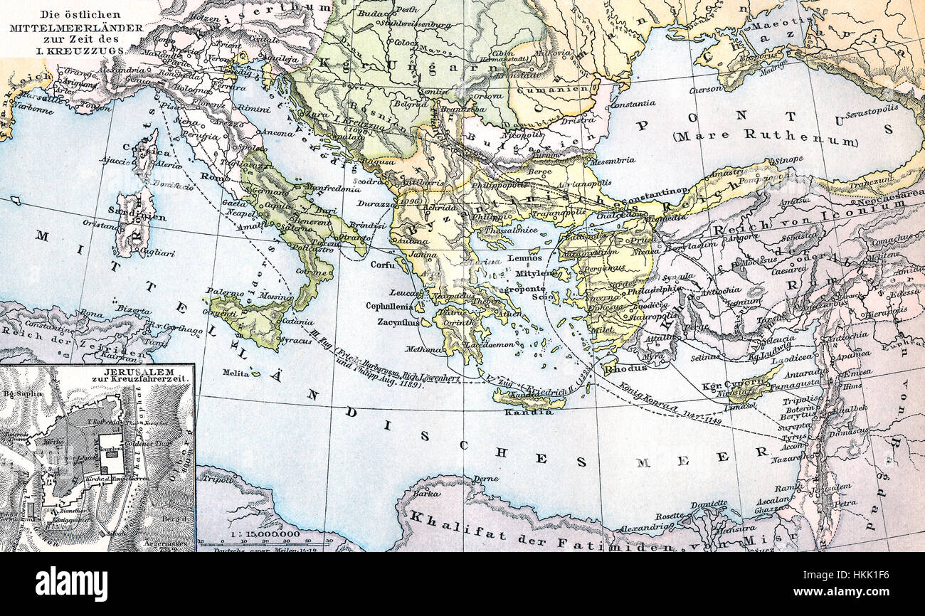 Mappa storica dei paesi del Mediterraneo orientale durante il primo periodo di crociata Foto Stock