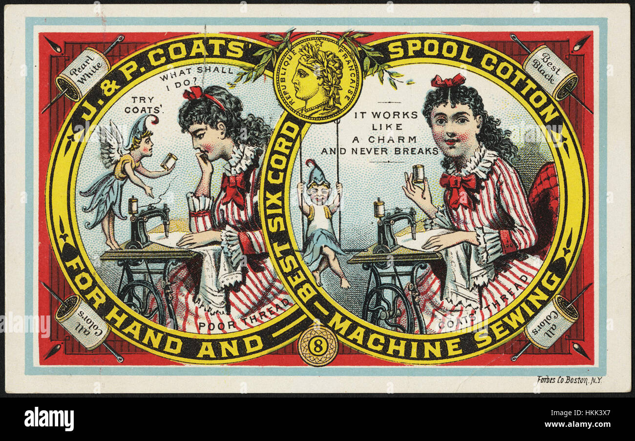 J. & P. riveste lo stelo per il cotone a mano e a macchina cucitura, migliori sei corda. Filettatura poveri - Cosa posso fare io  provare cappotti'. Umettare la filettatura - Funziona come un fascino e non si rompe mai. Foto Stock