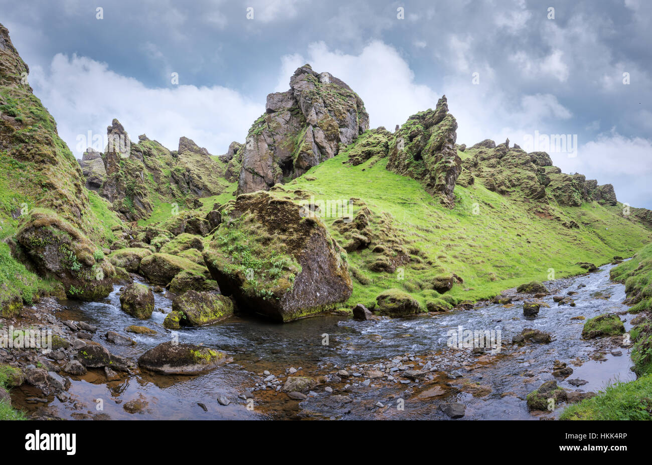 Tipico paesaggio Islanda con il verde delle montagne e del fiume. Orario estivo Foto Stock