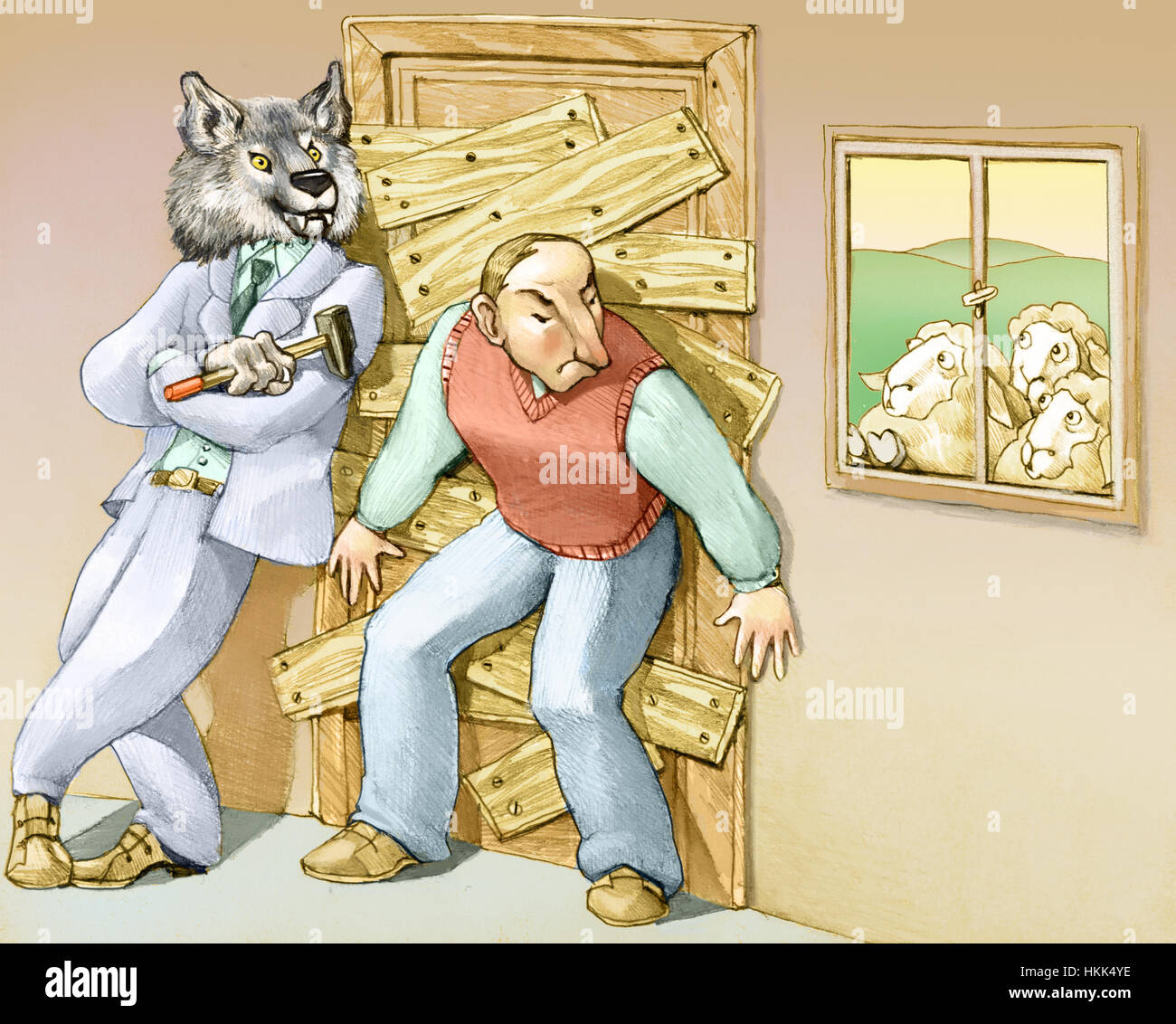 Un uomo pensa che il pericolo è fuori e si chiude a casa sbarrando la porta con l aiuto di un lupo cattivo Foto Stock