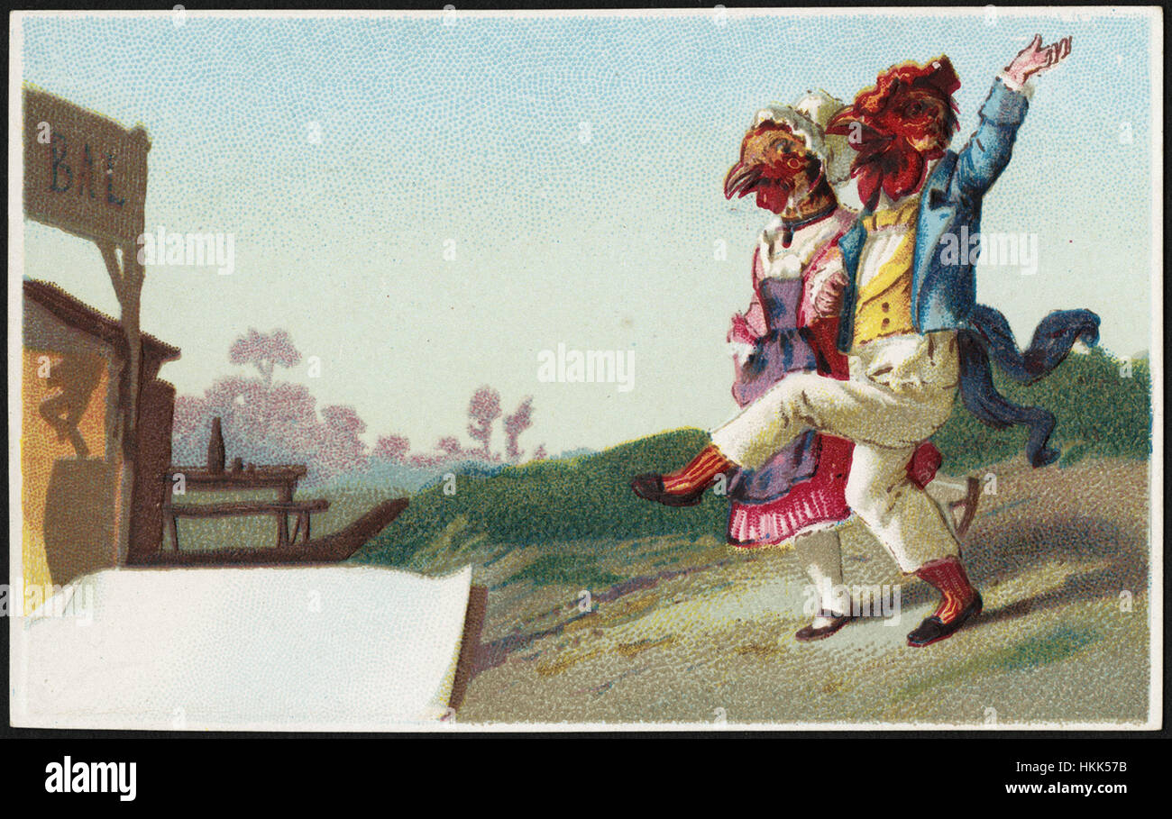 Uomo con una testa di gallo e una donna con la testa di un pollo ballare insieme. Foto Stock