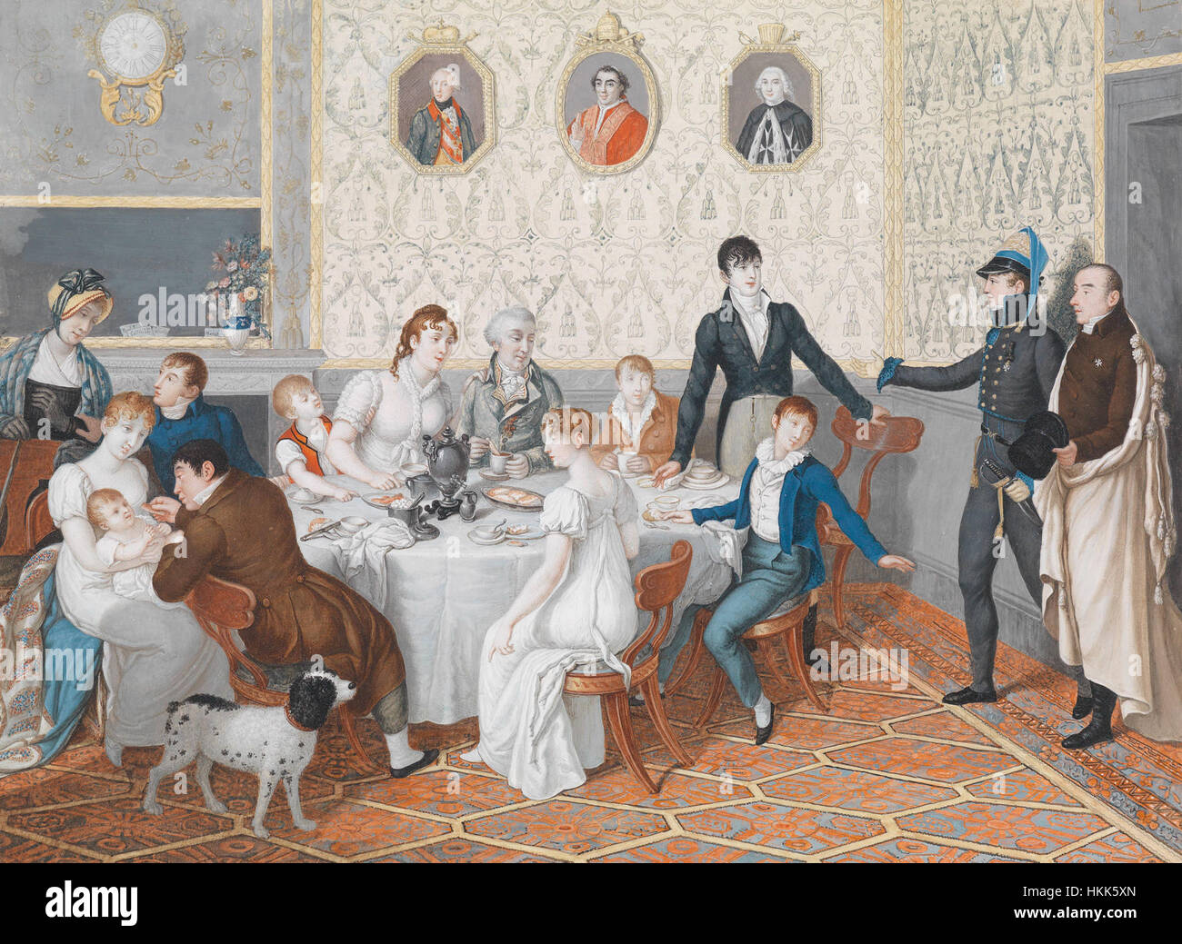 Questo dipinto di Biedermeier del XIX secolo, "scena interna con un Tea Party", mostra la vita domestica del tempo, sottolineando l'importanza degli incontri sociali nella società europea della classe media. Foto Stock