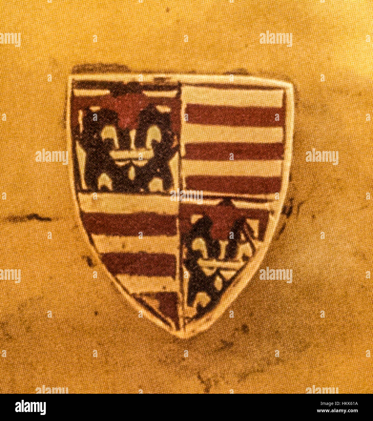 Lo stemma dell'Angiò è raffigurato sul globus Cruciger, un simbolo cristiano di autorità, detenuto da una figura che rappresenta l'Ungheria. Questa opera d'arte riflette la connessione medievale tra la monarchia ungherese e la dinastia Angiò. Foto Stock