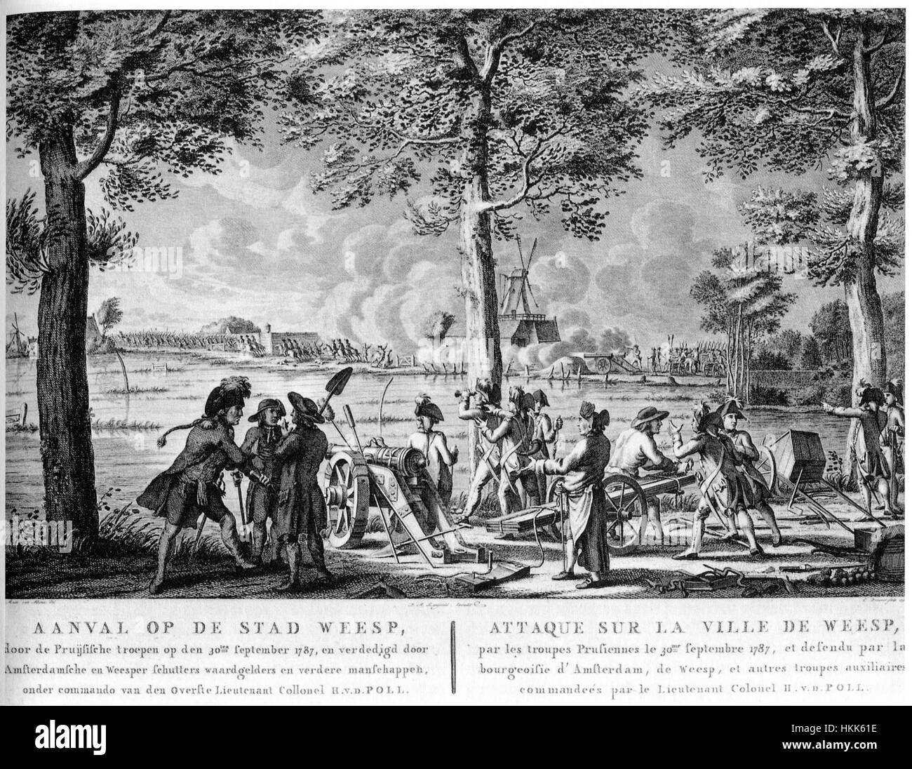 Il dipinto "Aanval op Weesp 1787" raffigura un evento militare storico durante l'attacco del 1787 a Weesp, una città nei Paesi Bassi. Illustra la lotta tra i ribelli olandesi e le forze prussiane durante la rivoluzione olandese. L'opera d'arte cattura il caos della battaglia e l'intensa azione del tempo. Foto Stock