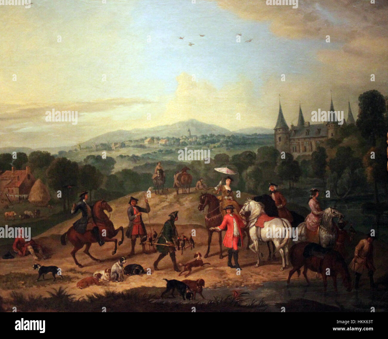 Questo dipinto del 1760 di Verdussen raffigura una società equestre cerimoniale, catturando la grandezza e lo sfarzo dell'epoca. L'opera d'arte è notevole per la sua rappresentazione storica degli incontri sociali e della cultura equestre. Foto Stock