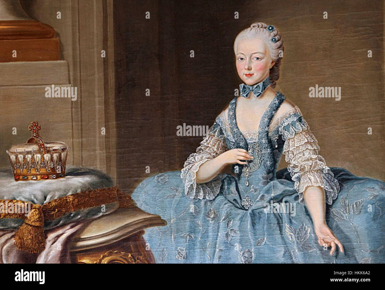 Il ritratto di Giovanna Gabriella d'Austria, dipinto nel XVII secolo, mostra l'eleganza e la nobiltà della famiglia reale austriaca. Questo pezzo riflette lo stile formale di ritrattistica del periodo, enfatizzando l'abbigliamento e la statura reali. Foto Stock