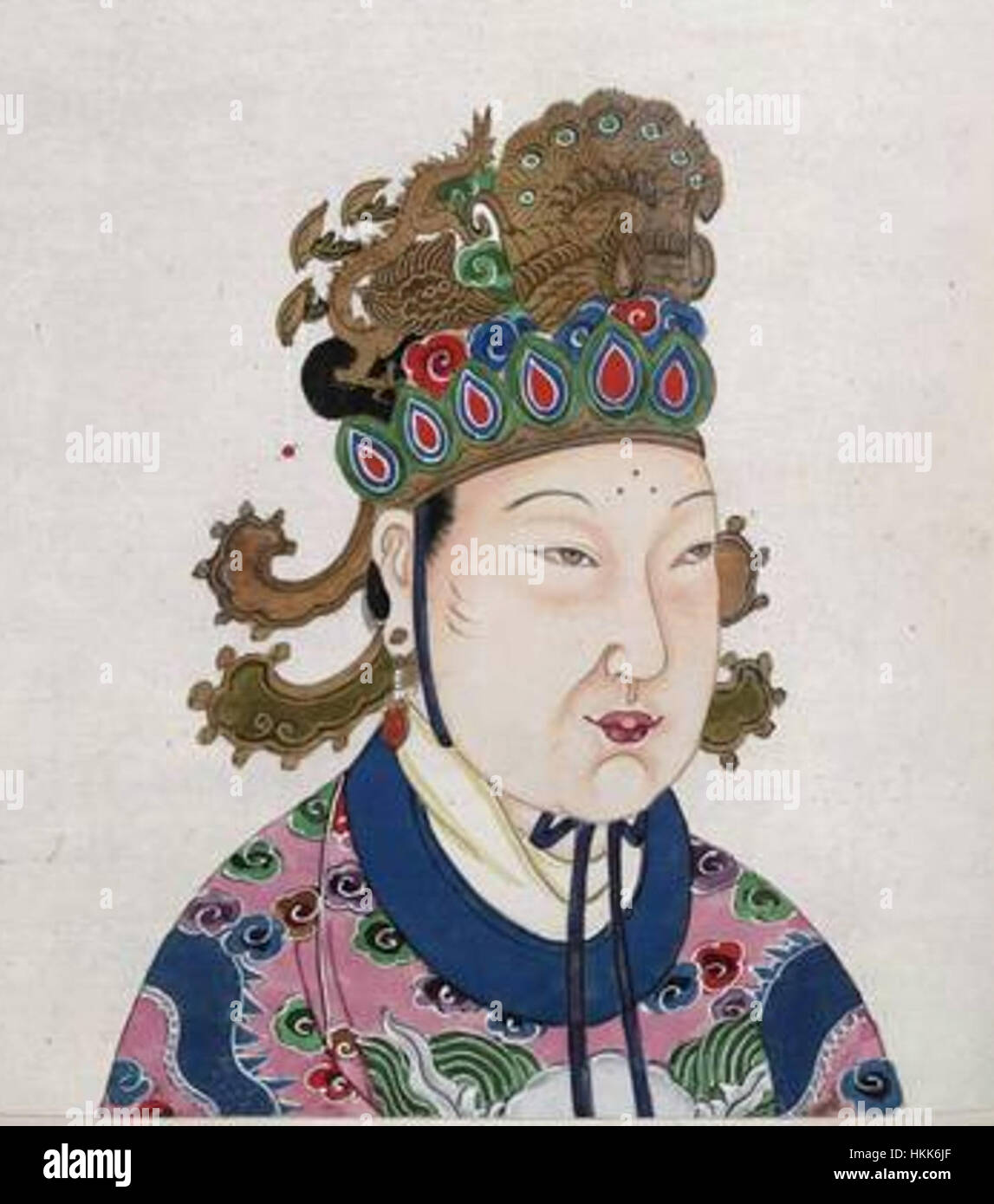 Questo dipinto ritrae l'imperatrice Wu Zetian, l'unico imperatore donna nella storia cinese, durante la dinastia Tang. L'opera d'arte riflette la grandezza e il potere del suo regno, mostrando la sua presenza regale e l'abbigliamento imperiale. Foto Stock
