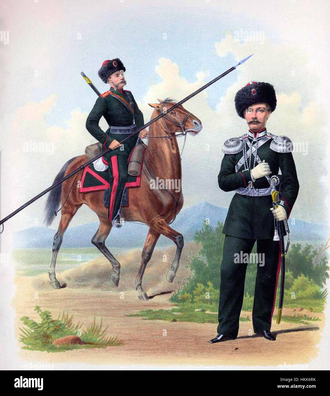 Questo dipinto illustra i cambiamenti nelle uniformi e nell'armamento dell'esercito imperiale russo, raffigurando l'evoluzione dell'abbigliamento militare e delle attrezzature durante i diversi periodi dell'Impero russo. Foto Stock