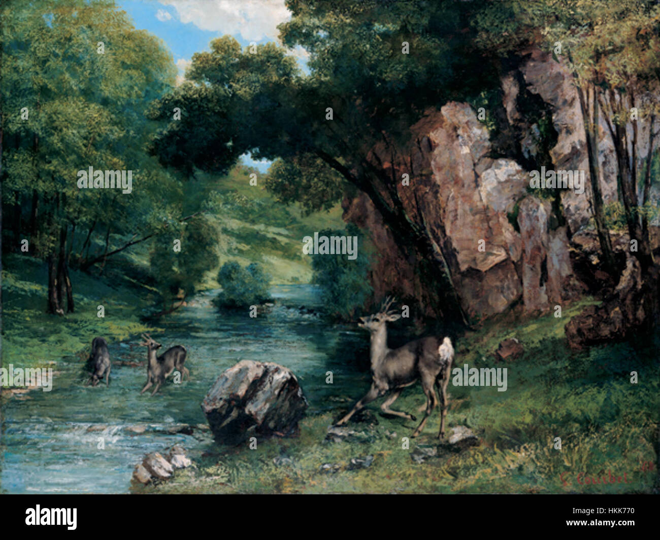 "Roe Deer at a Stream" è un dipinto di Gustave Courbet, che mostra la sua maestria nel realizzare paesaggi naturali. Il dipinto a olio raffigura due caprioli in un ambiente tranquillo della foresta, sottolineando l'armonia tra fauna e natura. Foto Stock