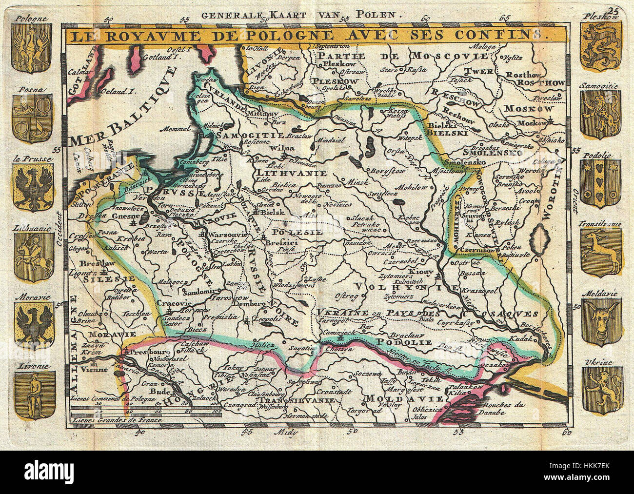 Questa mappa della Polonia del 1747, creata da la Feuille, offre una rappresentazione storica della geografia della regione. La mappa antica è un bell'esempio di cartografia del XVIII secolo, che fornisce dettagli intricati del paesaggio e dei confini della Polonia all'epoca. Si tratta di un prezioso manufatto per collezionisti e storici, che mostra le tecniche di mappatura e gli elementi stilistici del periodo. Foto Stock