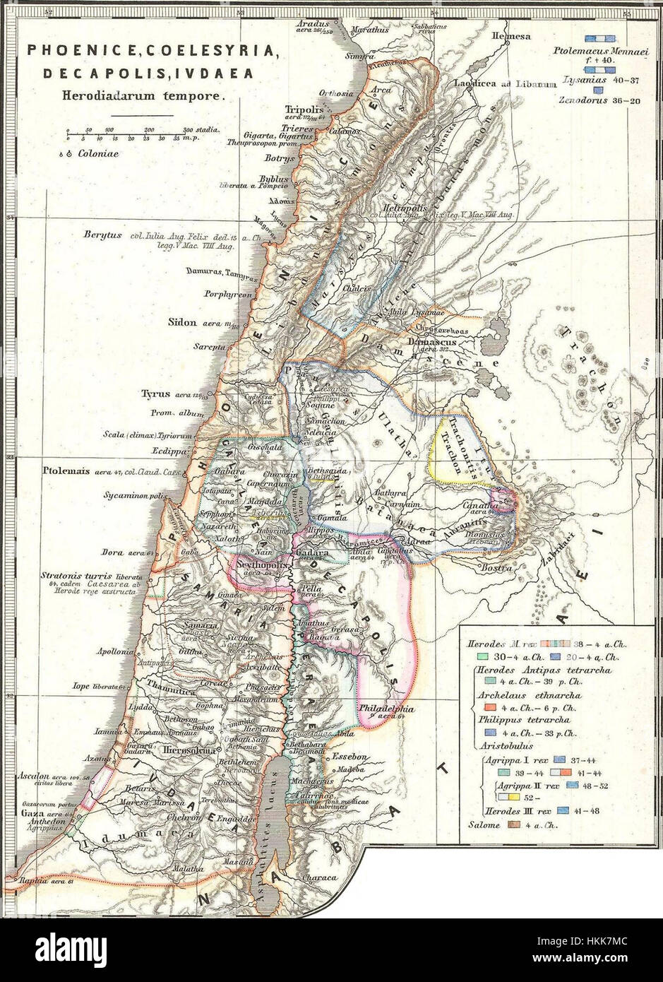 Questa mappa di Spruner del 1865 raffigura la disposizione geografica di Israele o Palestina prima del 70 d.C., mostrando luoghi e insediamenti chiave durante il periodo. Fornisce informazioni storiche sull'antica geografia della regione. Foto Stock