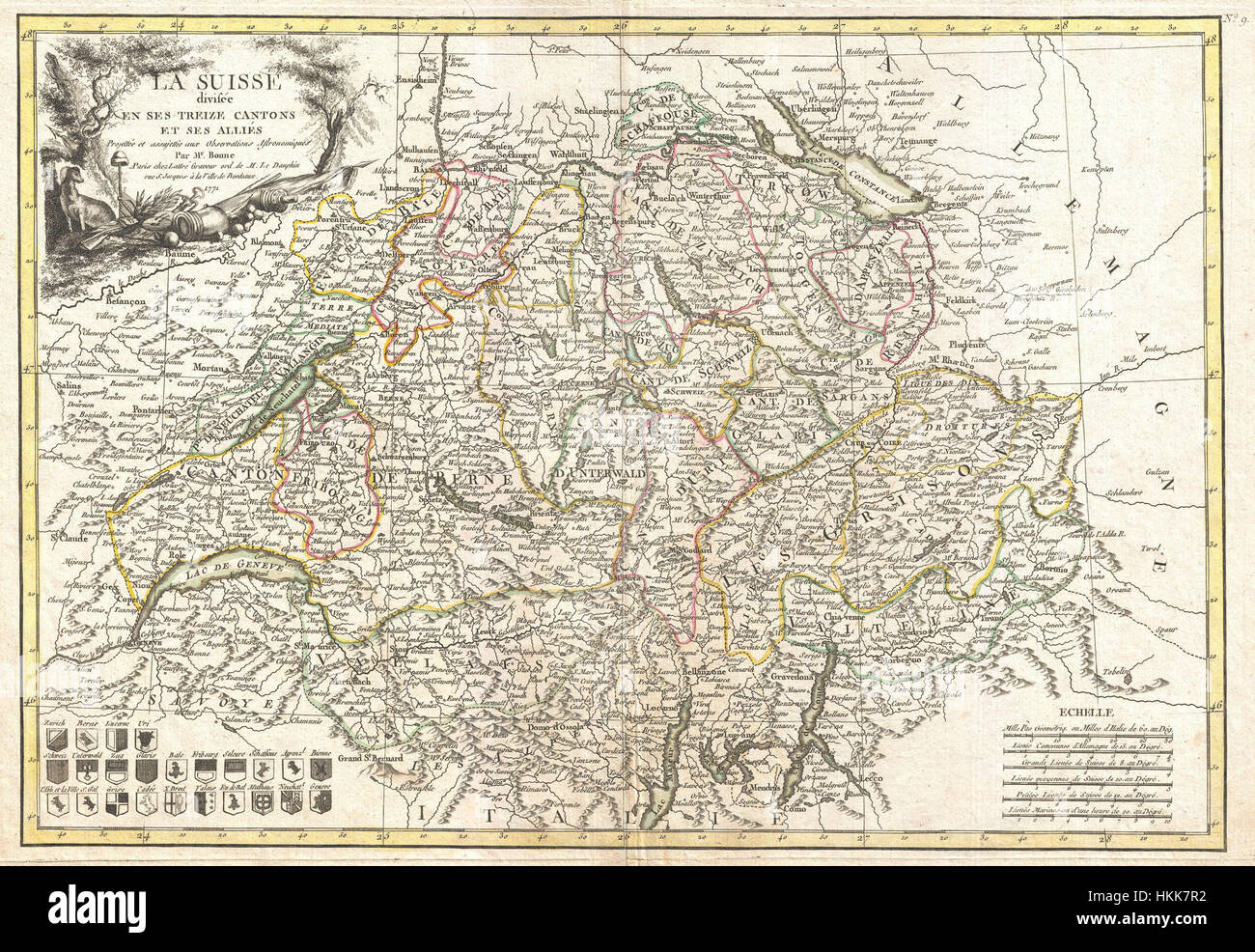 Una mappa della Svizzera del 1771 del cartografo francese Rigobert Bonne. Mostra la topografia e le divisioni politiche del paese, offrendo una rappresentazione dettagliata delle caratteristiche geografiche della Svizzera durante il XVIII secolo. Foto Stock