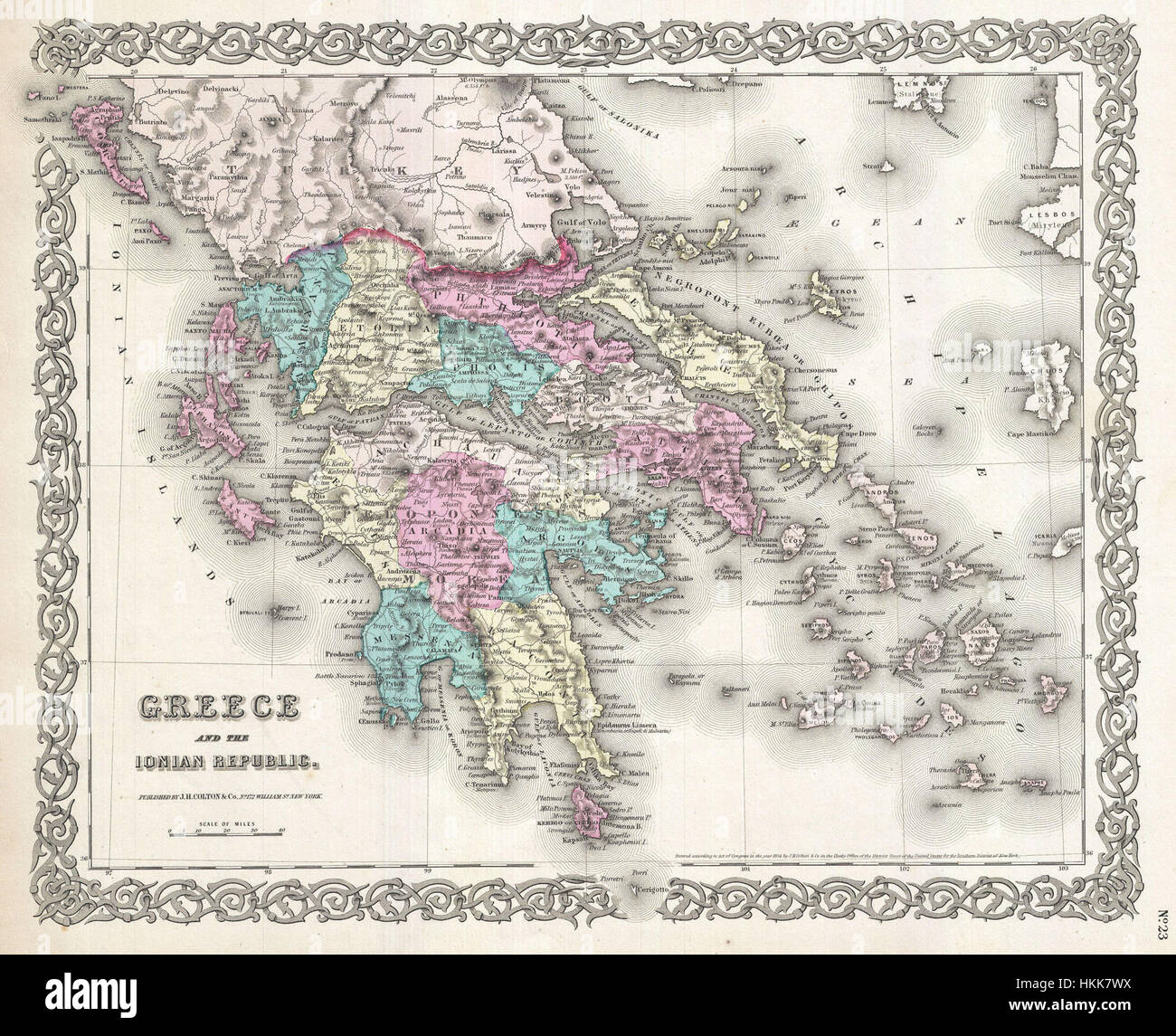 La mappa di Colton del 1855, parte di una collezione storica, fornisce un'accurata rappresentazione geografica della Grecia durante la metà del XIX secolo. Foto Stock