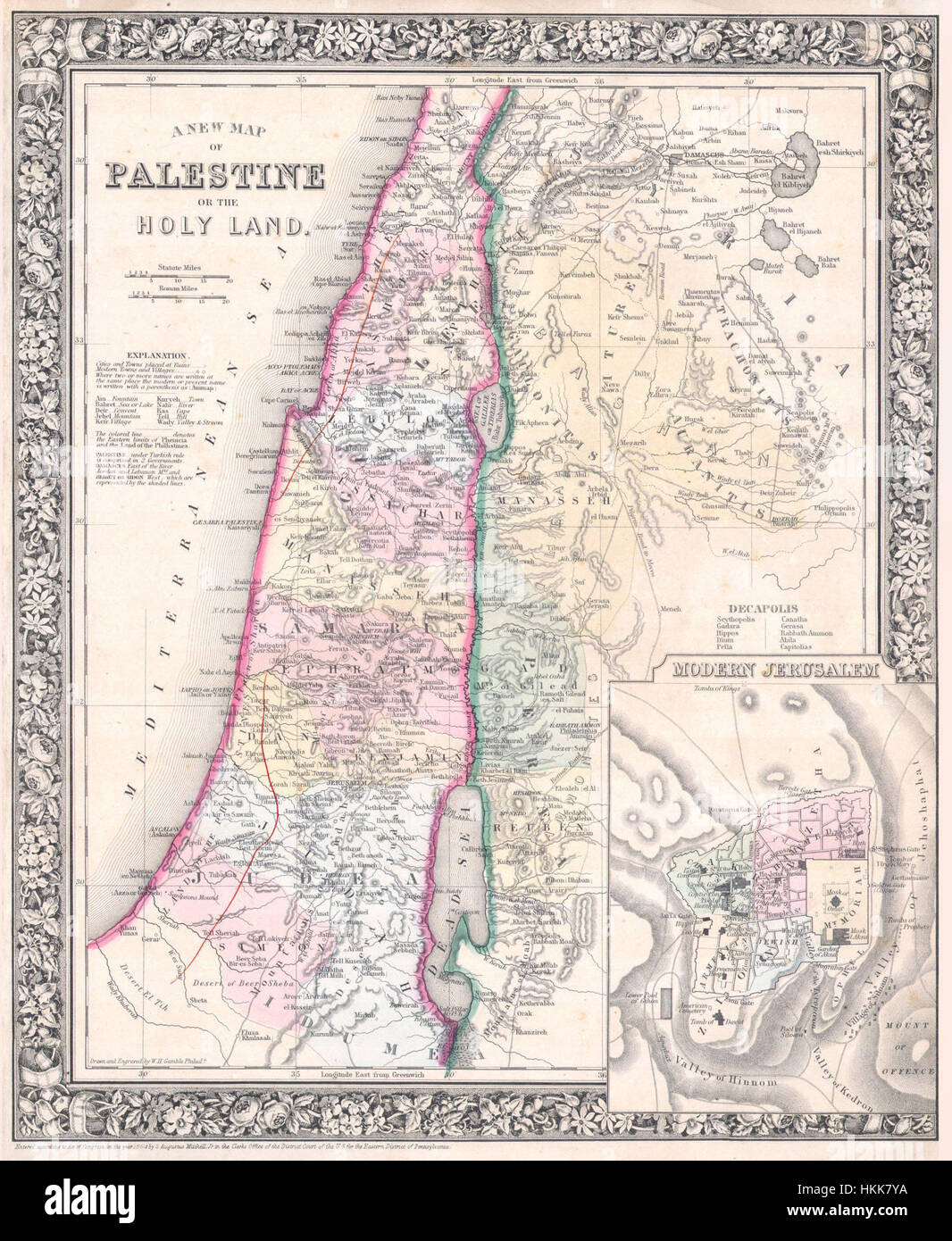 La Mappa Mitchell della Palestina del 1864 fornisce una visione dettagliata e storicamente significativa della regione durante il XIX secolo. Creata dal cartografo americano Samuel Augustus Mitchell, questa mappa delinea le principali caratteristiche geografiche della Palestina, di Israele e delle aree circostanti. Si tratta di un importante documento storico utilizzato per comprendere il paesaggio della Terra Santa a metà degli anni '1800 Foto Stock