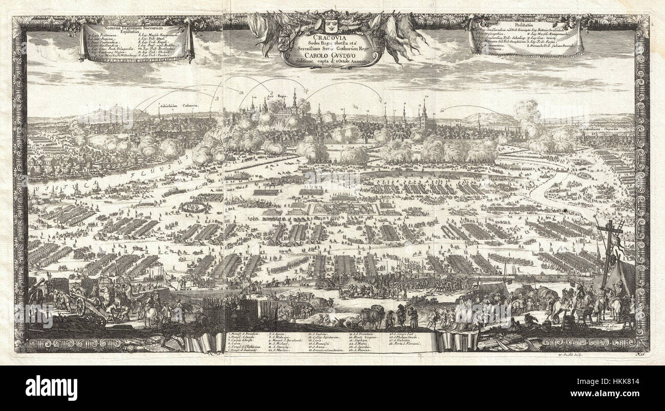 Questa mappa del 1697 di Cracovia, Polonia, di Pufendorf fornisce una dettagliata visione storica della struttura e dello sviluppo della città durante la fine del XVII secolo, offrendo una visione del paesaggio urbano dell'epoca. Foto Stock