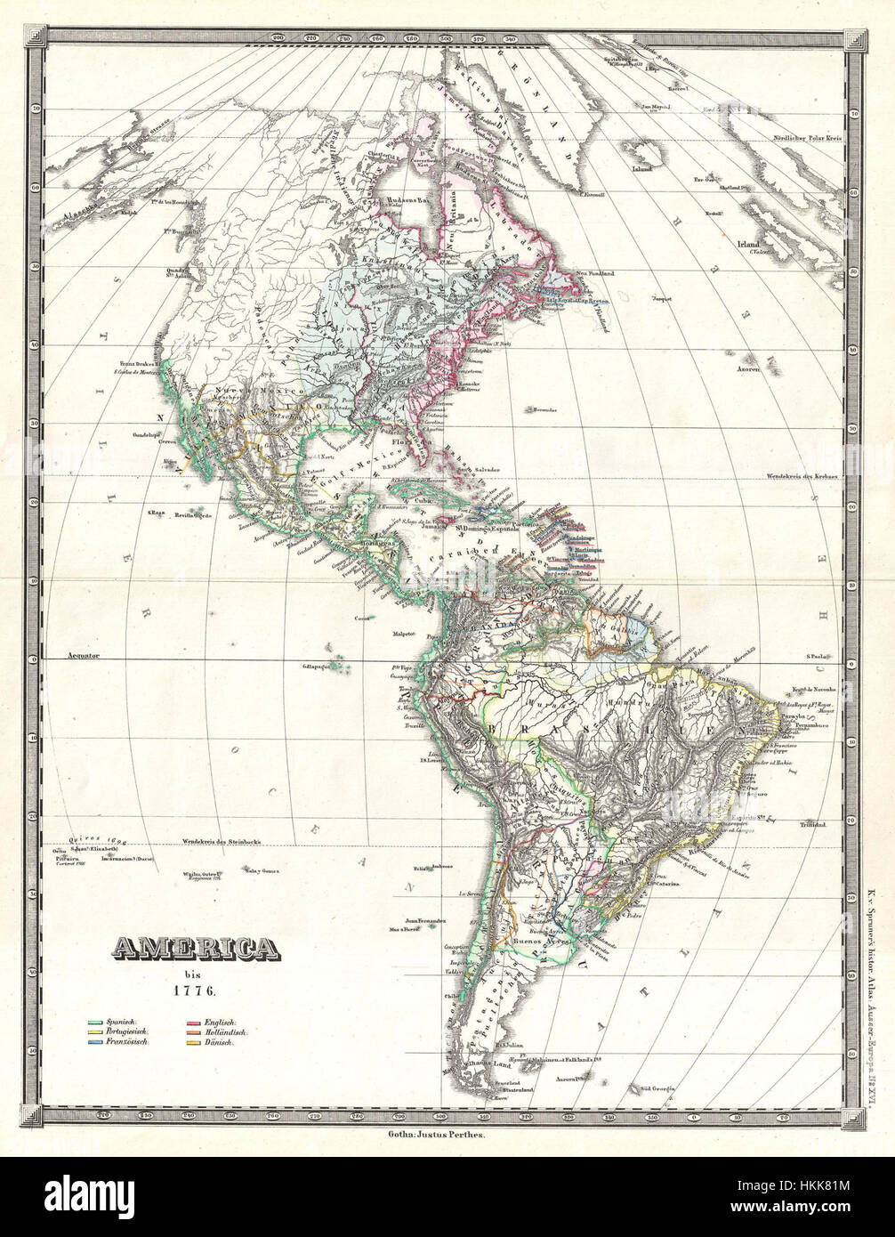 1855 Spruner mappa delle Americhe fino al 1776 - Geographicus - AmericaBis1776-spruner-1855 Foto Stock