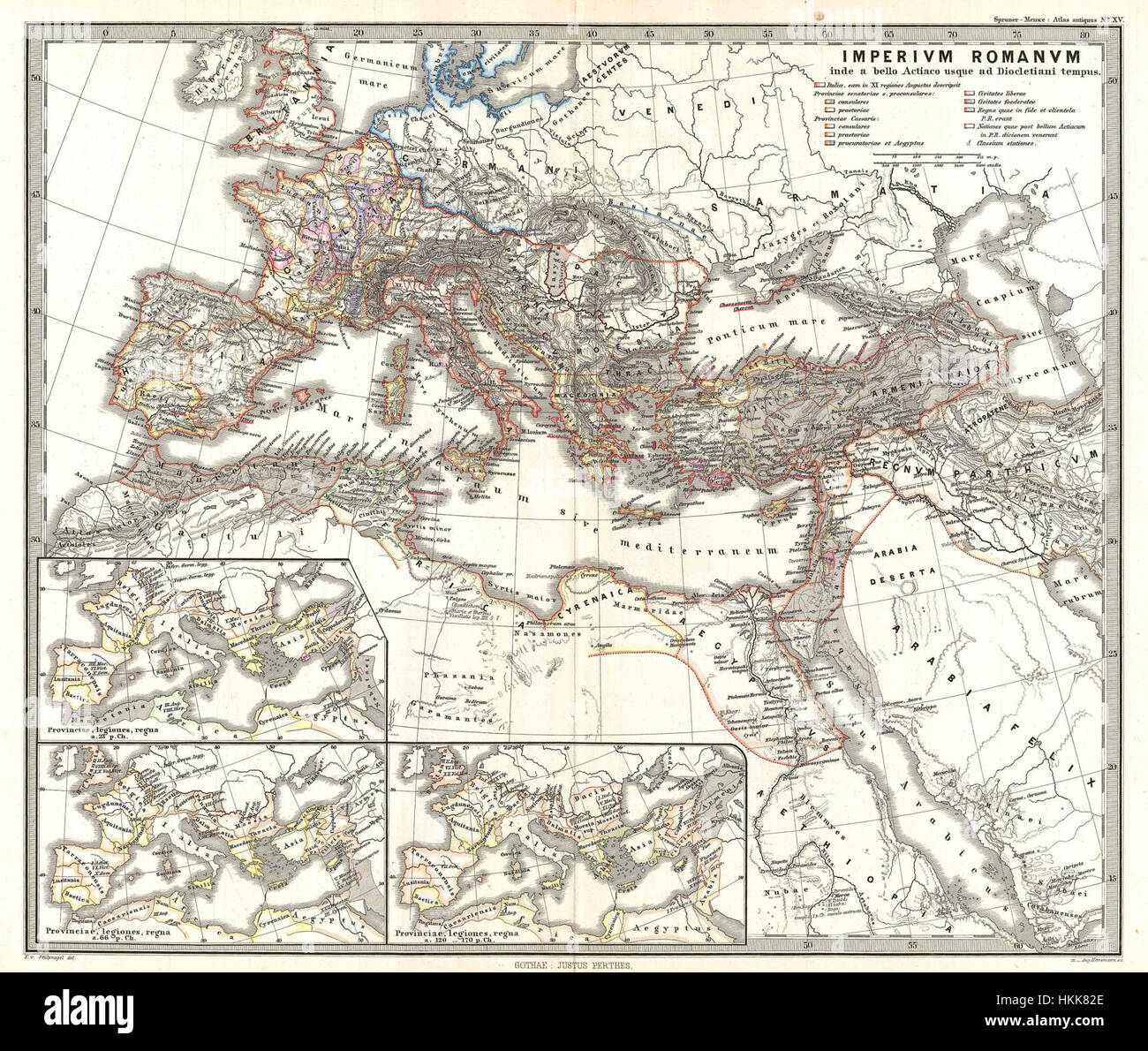 La mappa Spruner del 1865 dell'Impero Romano sotto Diocleziano offre una descrizione geografica dettagliata dell'impero al suo apice. Questa mappa storica evidenzia le divisioni territoriali, le città chiave e i confini militari durante il regno dell'imperatore Diocleziano, fornendo una preziosa panoramica della struttura imperiale romana. Foto Stock