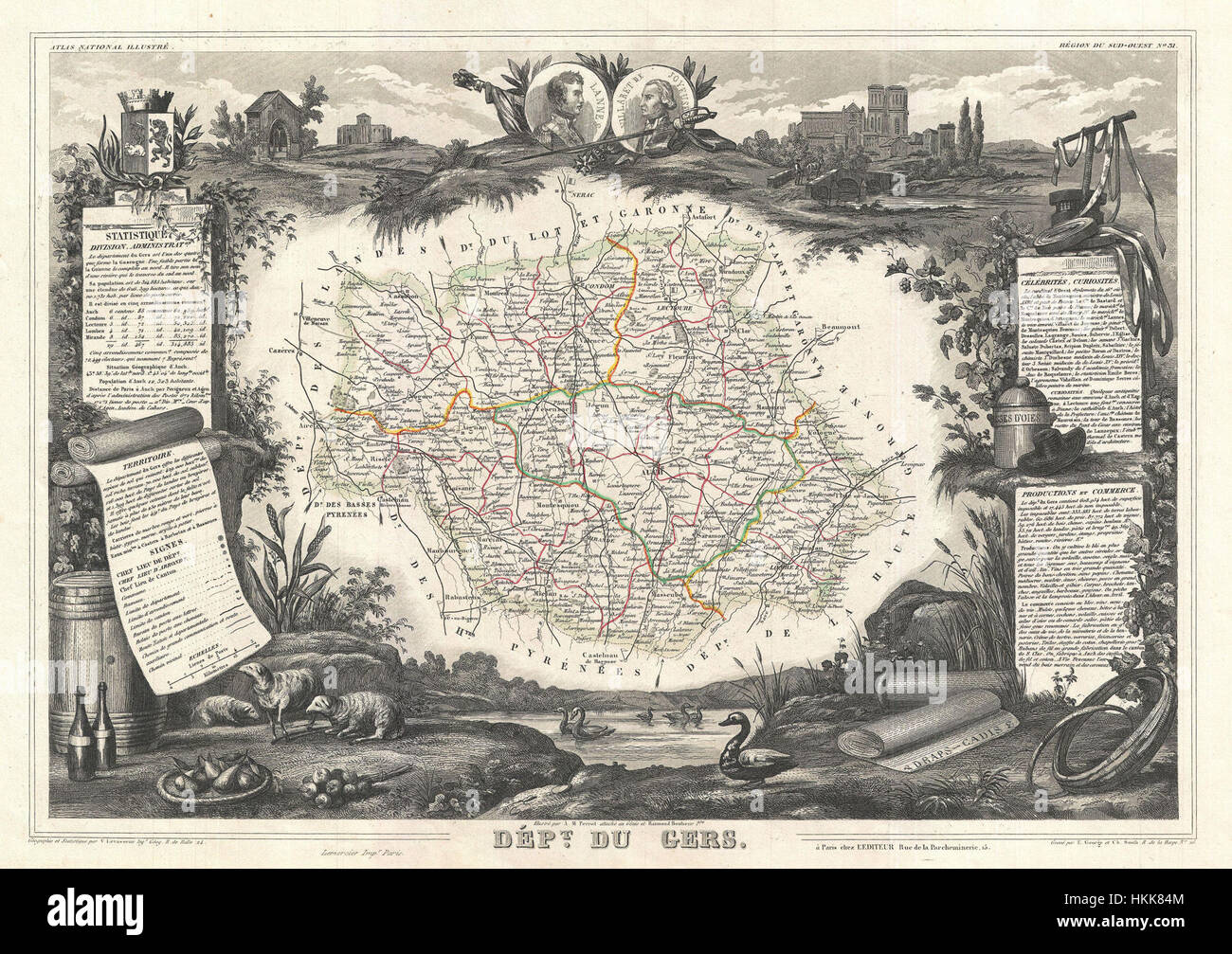 Questa mappa del 1852 di Levasseur raffigura il Dipartimento del Gers nella regione francese dell'Armagnac. Nota per la sua importanza storica nella produzione vinicola, la mappa offre una panoramica dettagliata della geografia e degli insediamenti della zona durante la metà del XIX secolo. Si tratta di un documento storico significativo per comprendere la struttura regionale e il contesto economico dell'epoca. Foto Stock