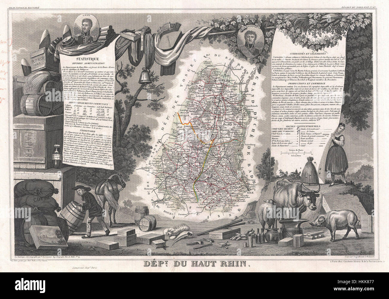 Una mappa del 1852 di Levasseur raffigurante il dipartimento Du Haut Rhin in Francia, che evidenzia la regione vinicola dell'Alsazia. La mappa offre informazioni geografiche su questa storica area francese. Foto Stock