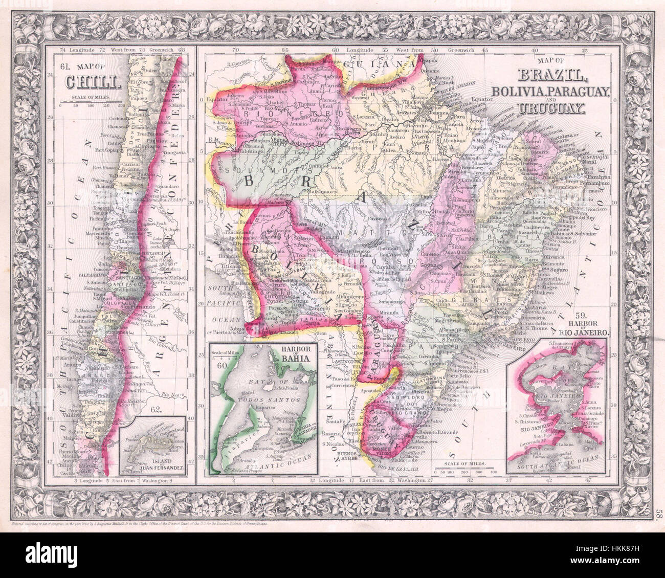 Questa mappa Mitchell del 1864 di Brasile, Bolivia e Cile fornisce una descrizione dettagliata della geografia sudamericana dell'epoca. La mappa evidenzia confini politici, città e regioni, servendo come importante riferimento storico per lo studio del Sud America durante il XIX secolo. Foto Stock